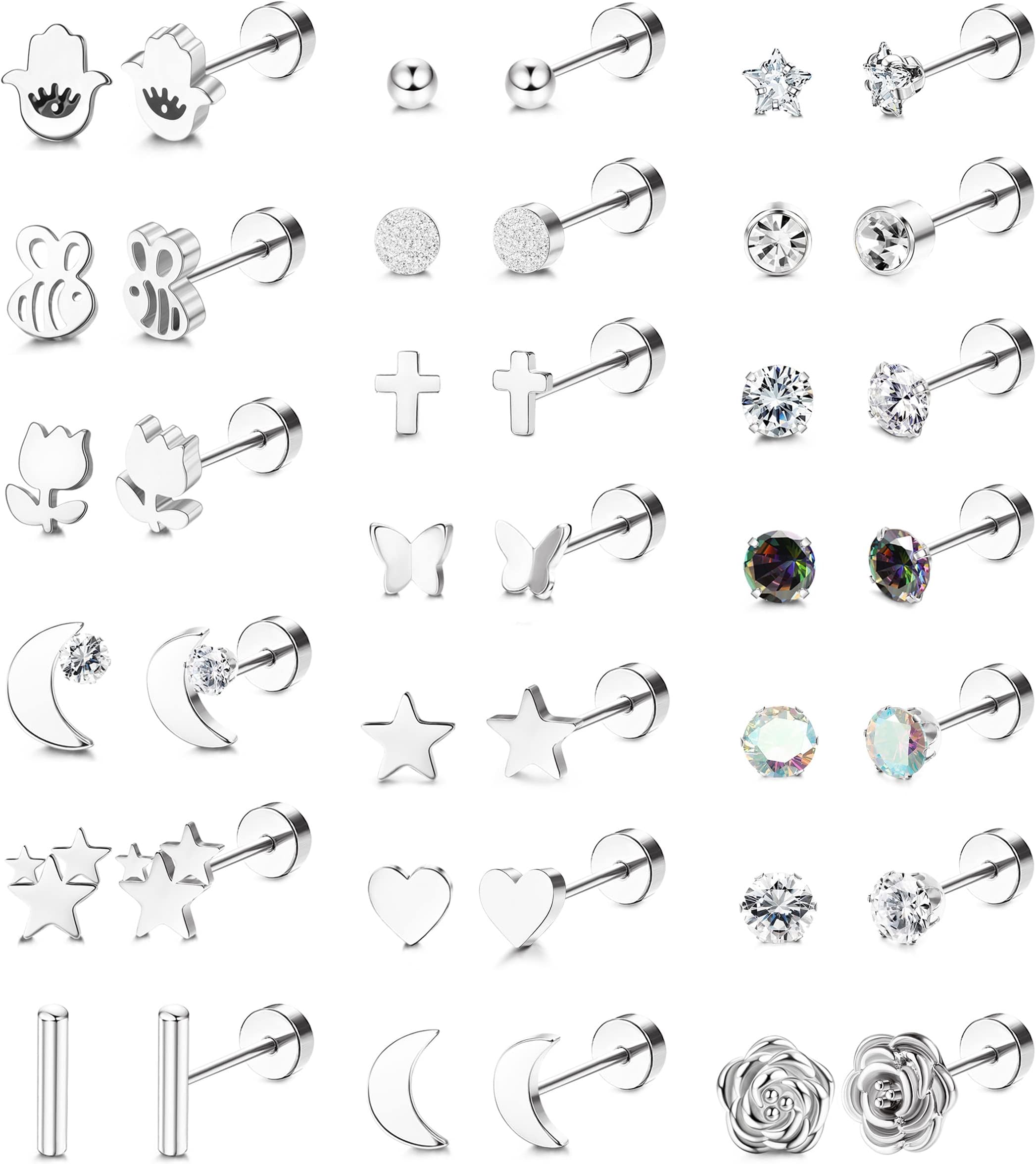 Kakonia20 Pairs Small Stud Earrings for Women Men Stainless Steel Flat Back Earrings for Cartilage 20G Flatback Cartilage Earrings CZ Star Moon Butterfly Flower Evil Eye Silver Stud Earrings Set