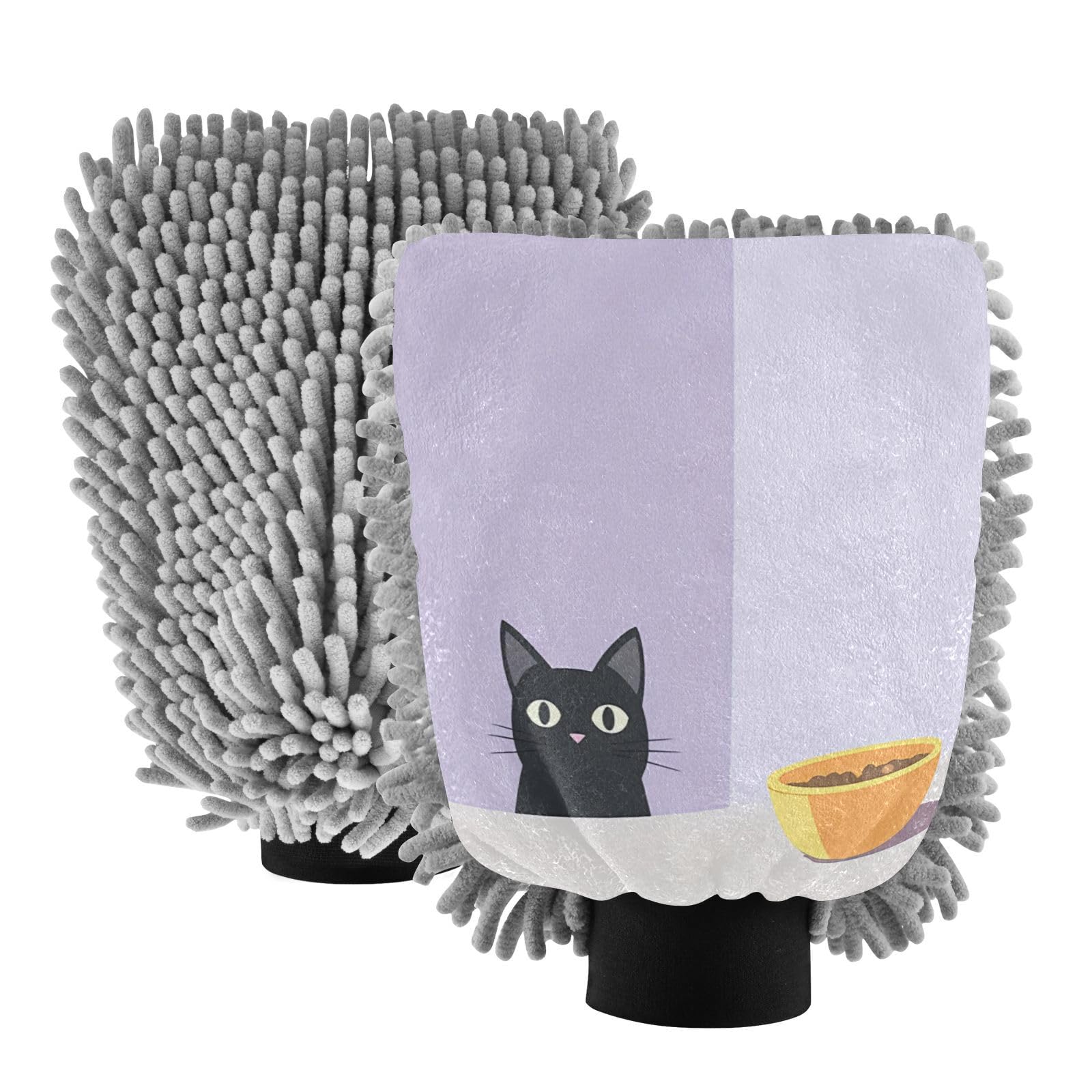 STAYTOP Cute Cats Eating Cat Food Car Wash Mitt Microfiber, 2Pcs Scratch Free Lint-Free, Premium Chenille Microfiber Mitt Car Wash Brush-L