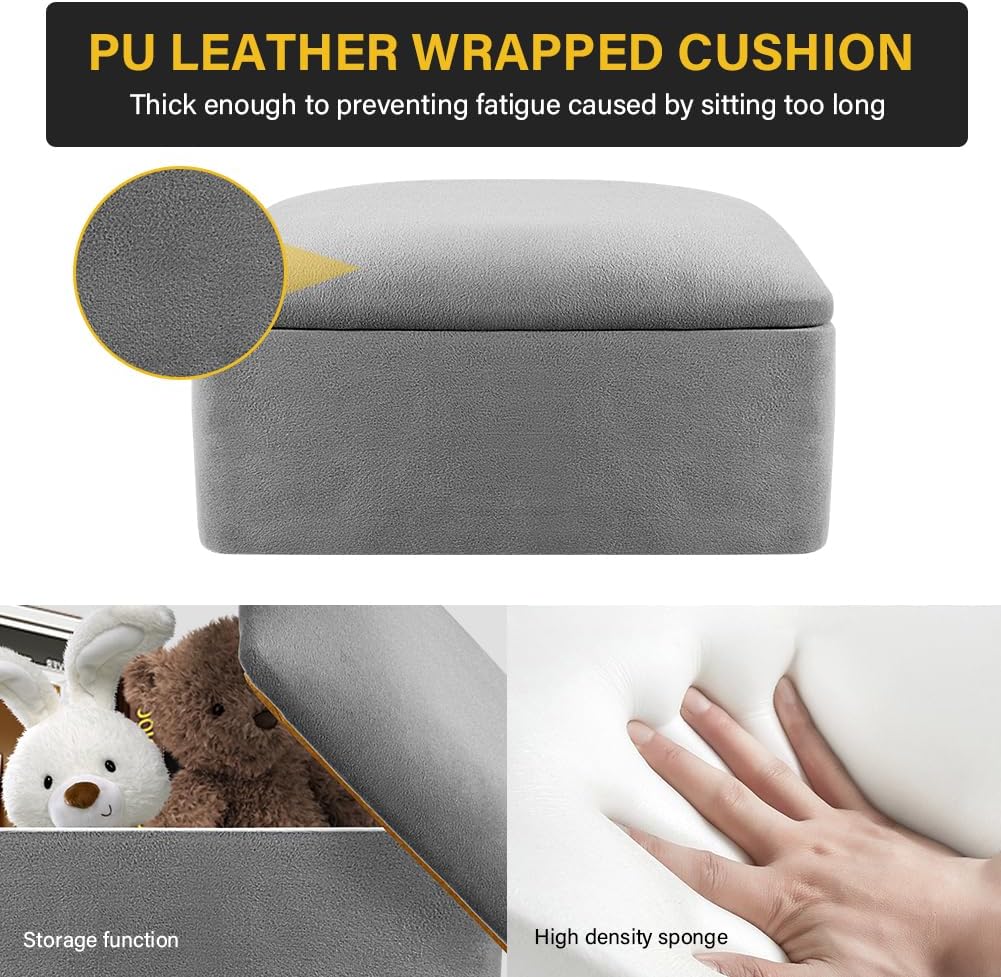 WKWKER Adjustable Vanity Stool with Storage Velvet 360° Swivel Makeup Stool Small Ottoman Chair Metal Base for Vanity Bedroom Living Room Lab Salon Studio Counter Desk (Gray)