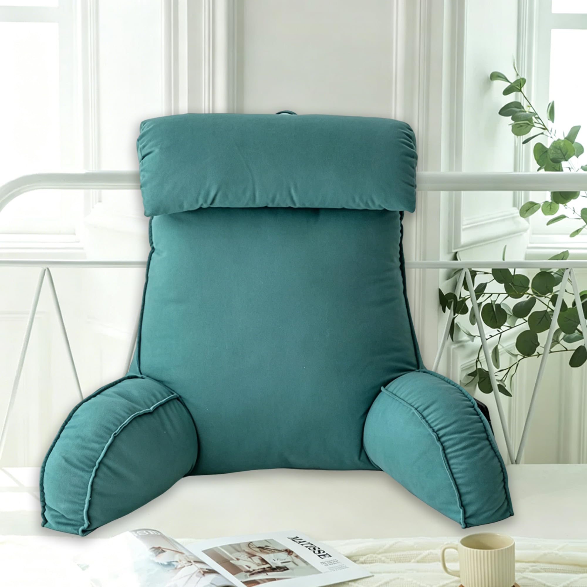Hruile Dark Green Reading Pillow With Headrest, Back Arms Support Cushion For Adults And Kids, Backrest Pillow With Removable Cover, Cuddle Cushion For Sitting Gaming Relaxing (75×40×55Cm,)