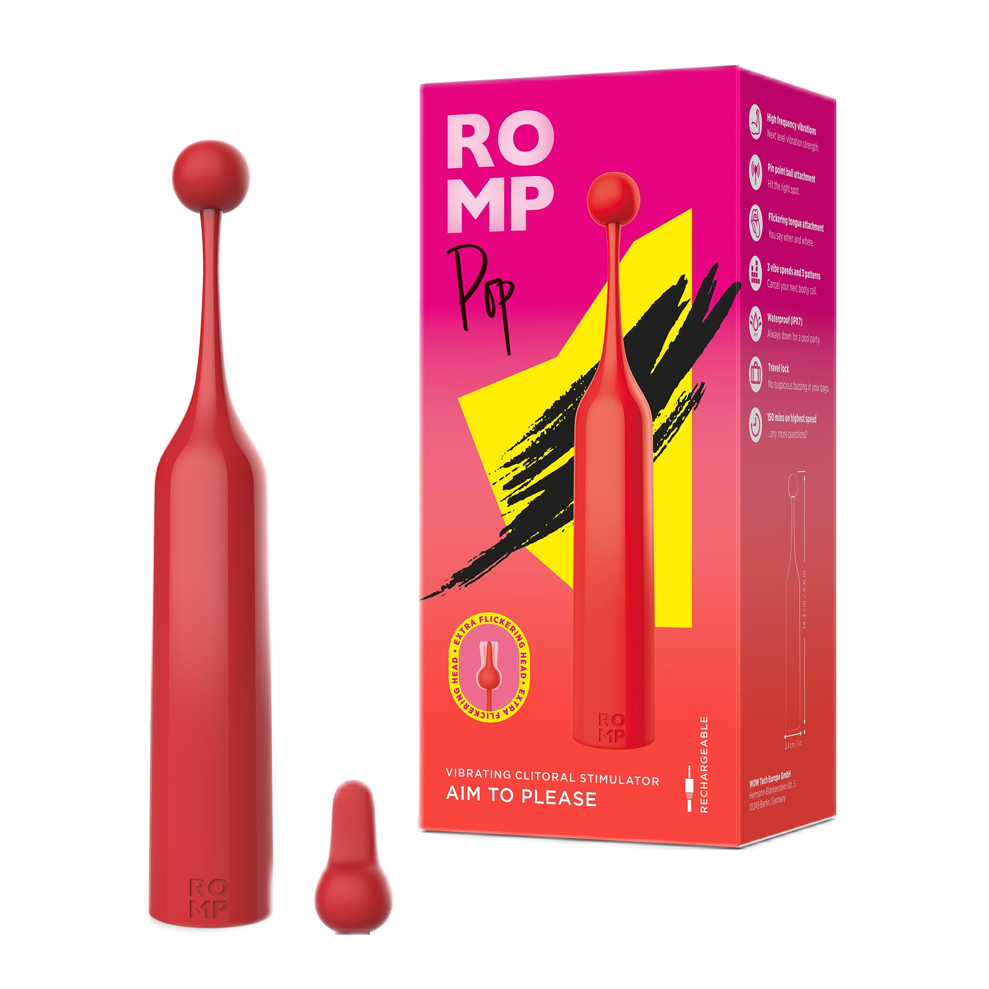 ROMP Pop Vibratore ad Alta Frequenza | Stimolatore Clitorideo | Per Donne con 3 Modelli di Vibrazione | Giocattolo Sessuale Portatile per Adulti | Ricaricabile e Impermeabile | Rosso