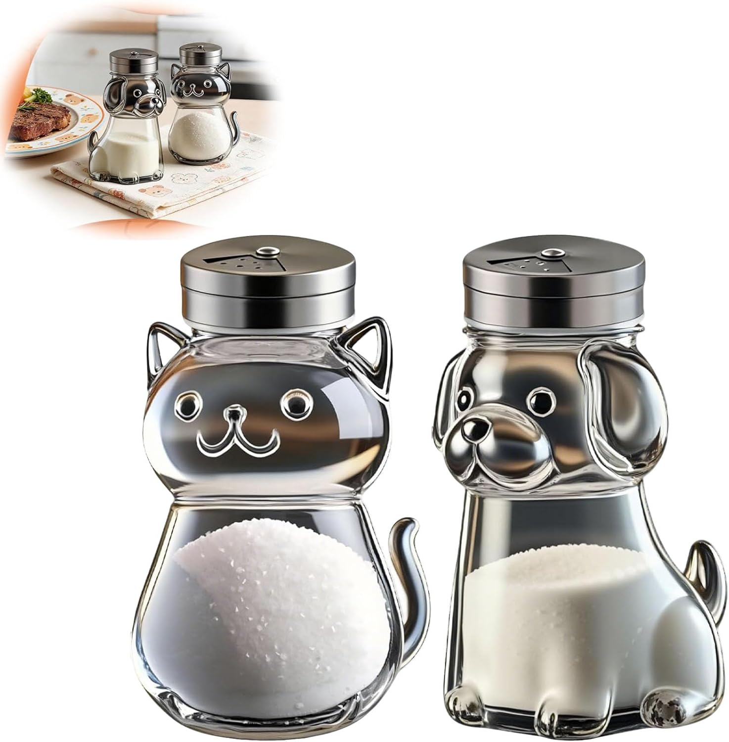 Funny Salt and Pepper Glass Bottle, Salt and Pepper Shakers with Adjustable Pour Holes, Dog Salt and Pepper Shaker Containers, Cute Salt Pepper Shaker with Lids for Bar Camping (1pcs*cat +1pcs*dog)