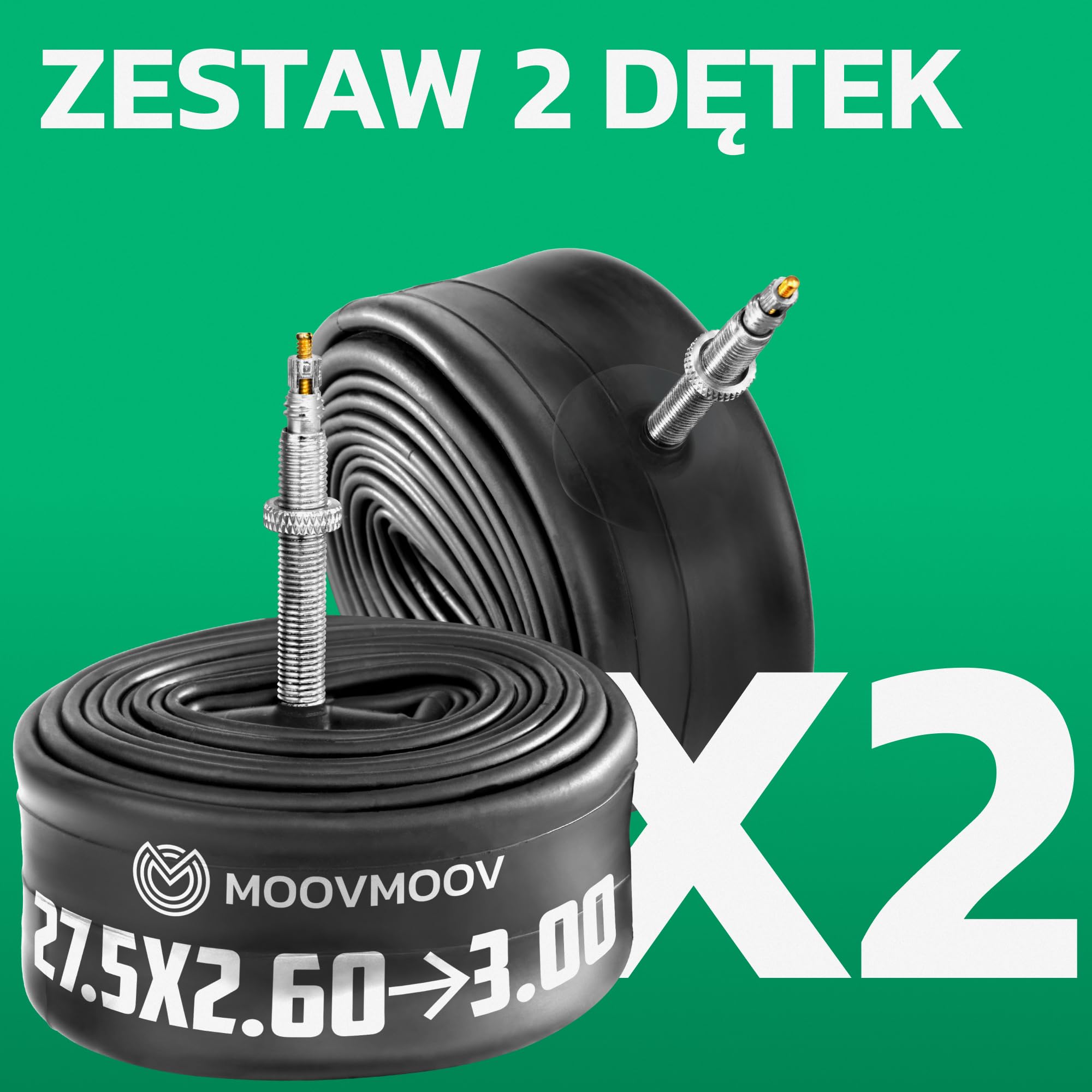 MoovMoov Dętka 27,5 cala - Do opon 27.5x2.60, 27.5x2.75, 27.5x2.80, 27.5x2.90 i 27.5x3.00 z ETRTO od 65-584 do 76-584 - Zestaw 2 szt. - Do roweru