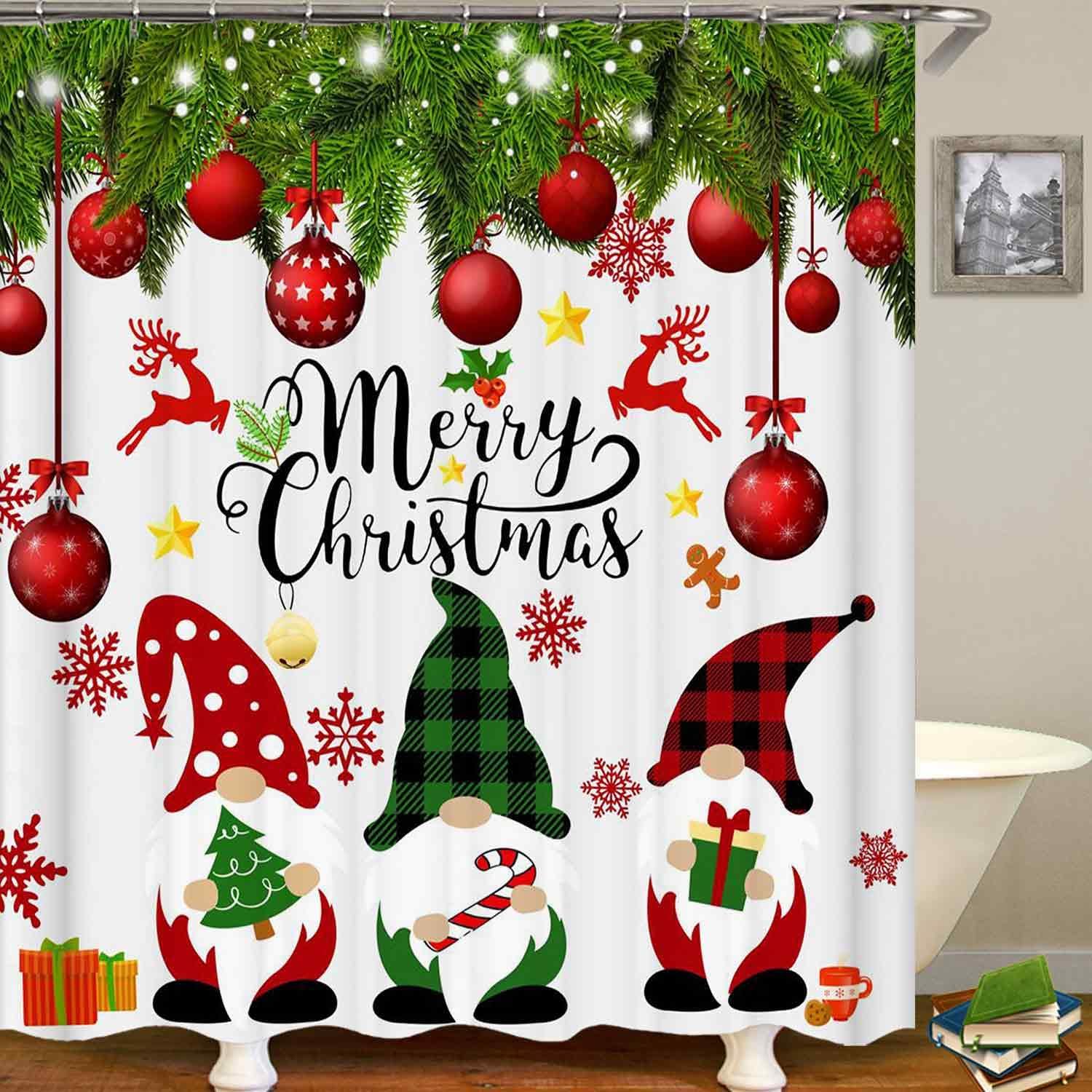 4PCS Cute Gnomes Christmas Shower Curtain Sets with Rugs, Waterproof Fabric Shower Curtain, Christmas Tree Ball Red Snowflake Xmas Gifts Reindeer Stars Winter New Year Gnomes Bathroom Decor