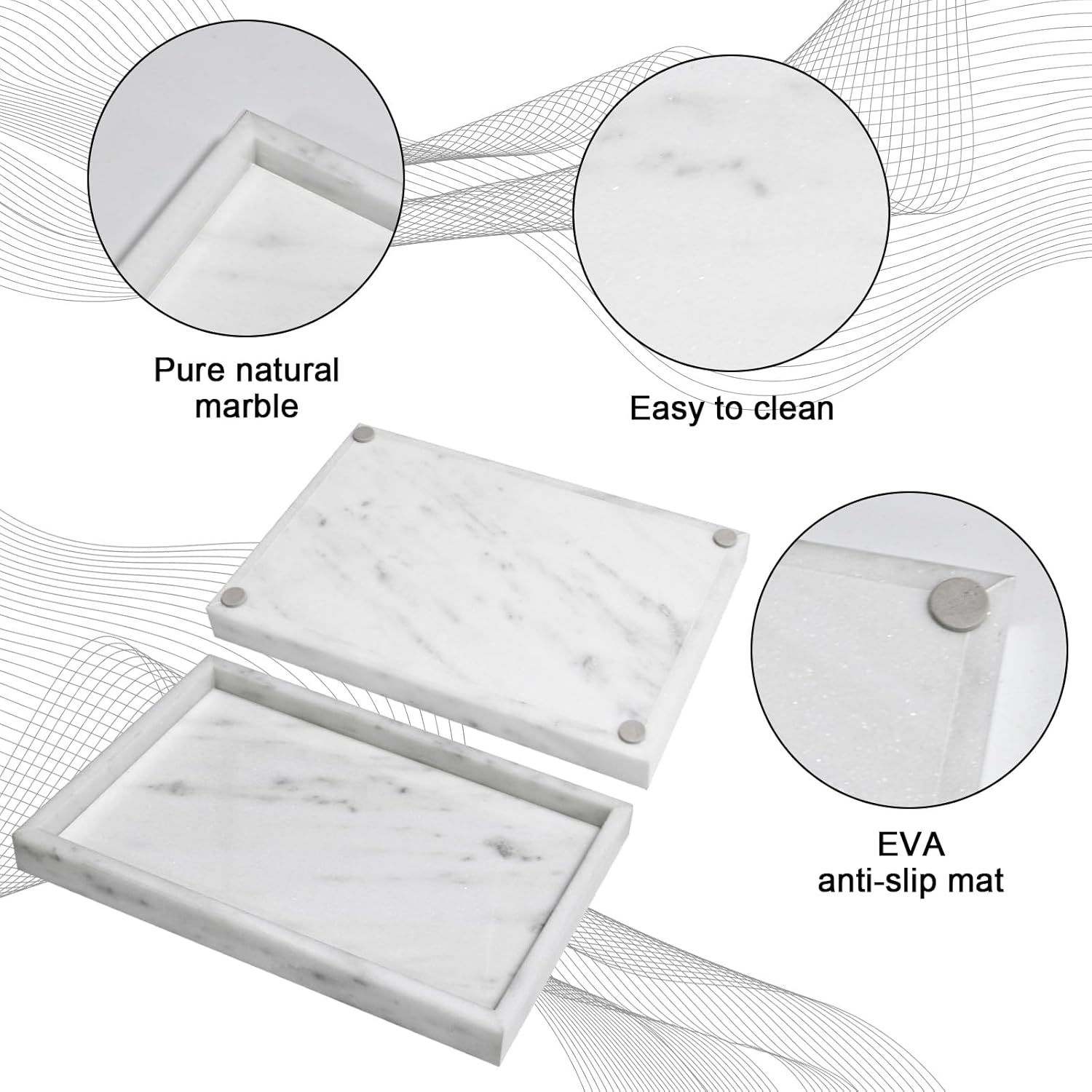 Pure Natural Marble Tray for Bathroom, Dresser, Sink. Cosmetics, toiletries, perfumes, Jewelry, Candles, etc. can be Placed (Starry White, 12" x 8" x 1.2")