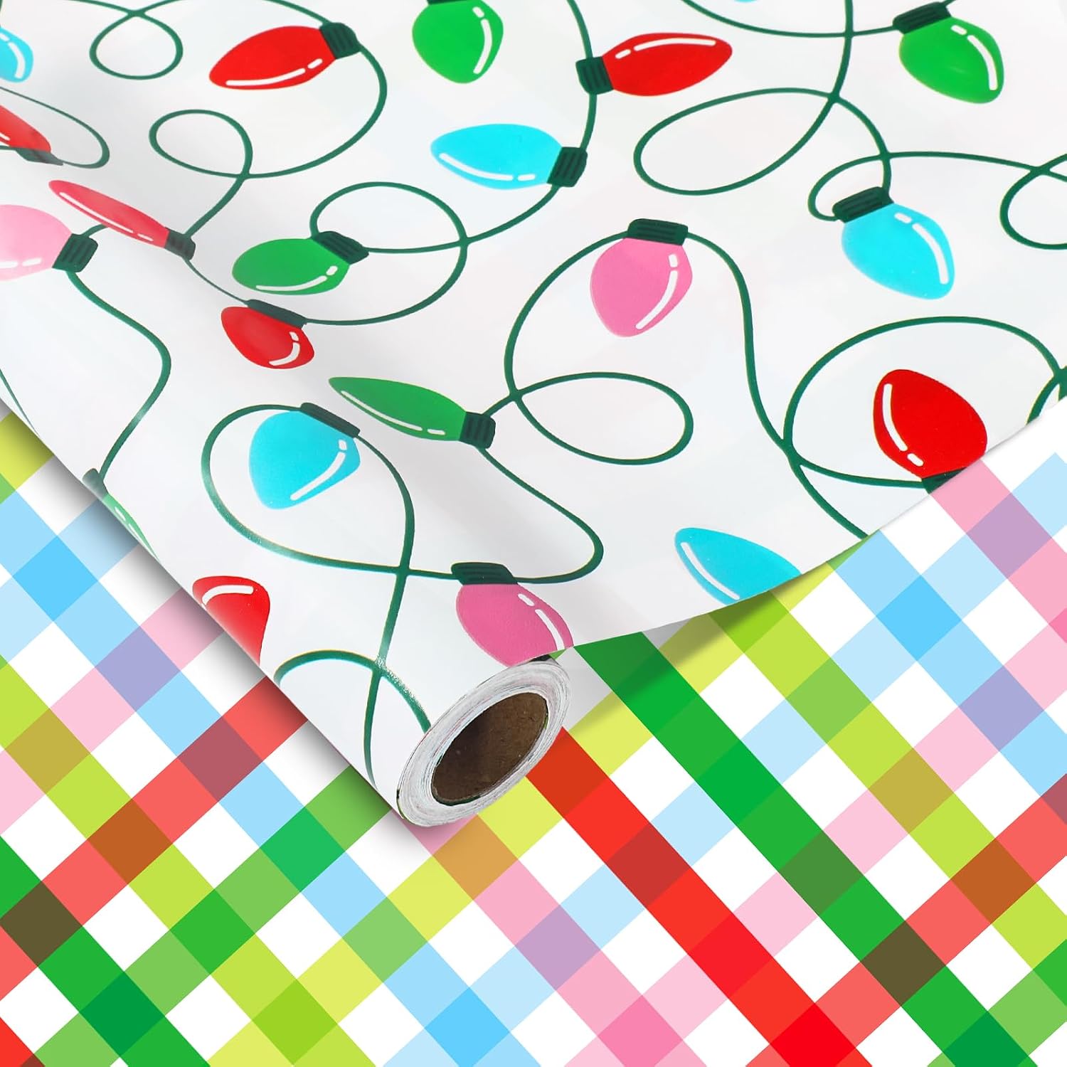 Whaline Christmas Wrapping Paper - Mini Roll - 17 Inch x 32.8 Ft Colorful Light Plaid Gift Wrap Double-Sided Holiday Craft Paper for Xmas Winter New Year Party DIY Craft Supplies