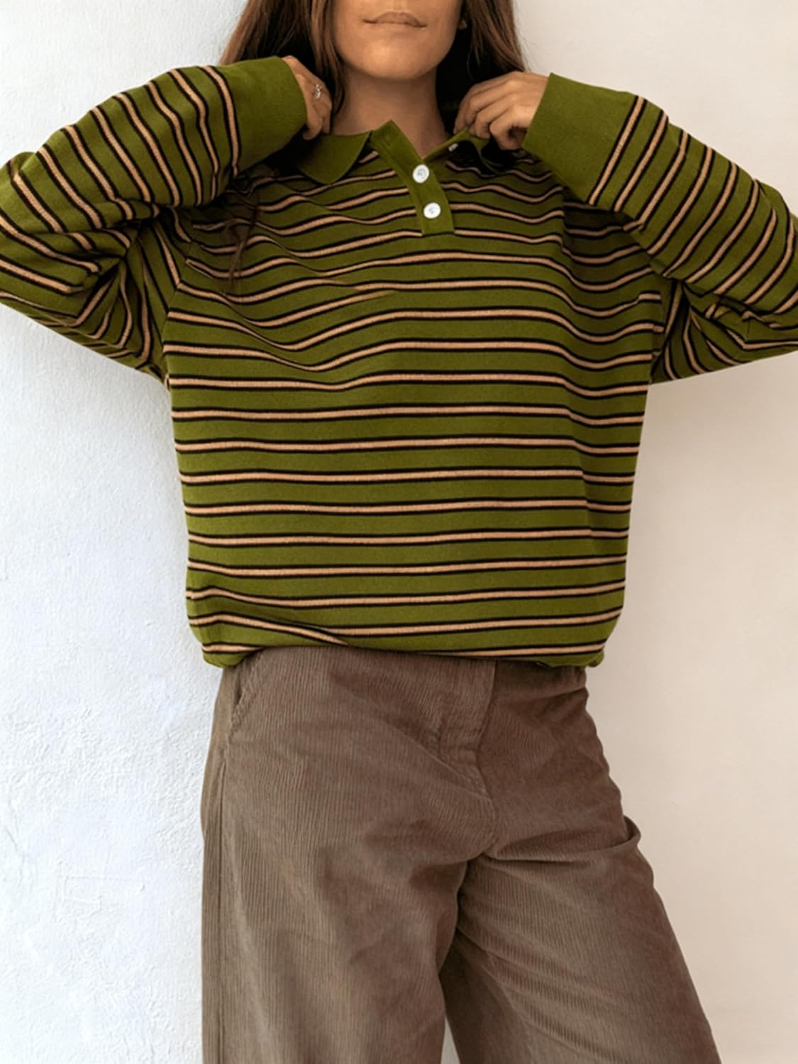 Oversized Striped Sweater for Women Collared Long Sleeve Preppy Polo Sweater Vintage Aesthetic Knitted Rugby Shirts - Image 6