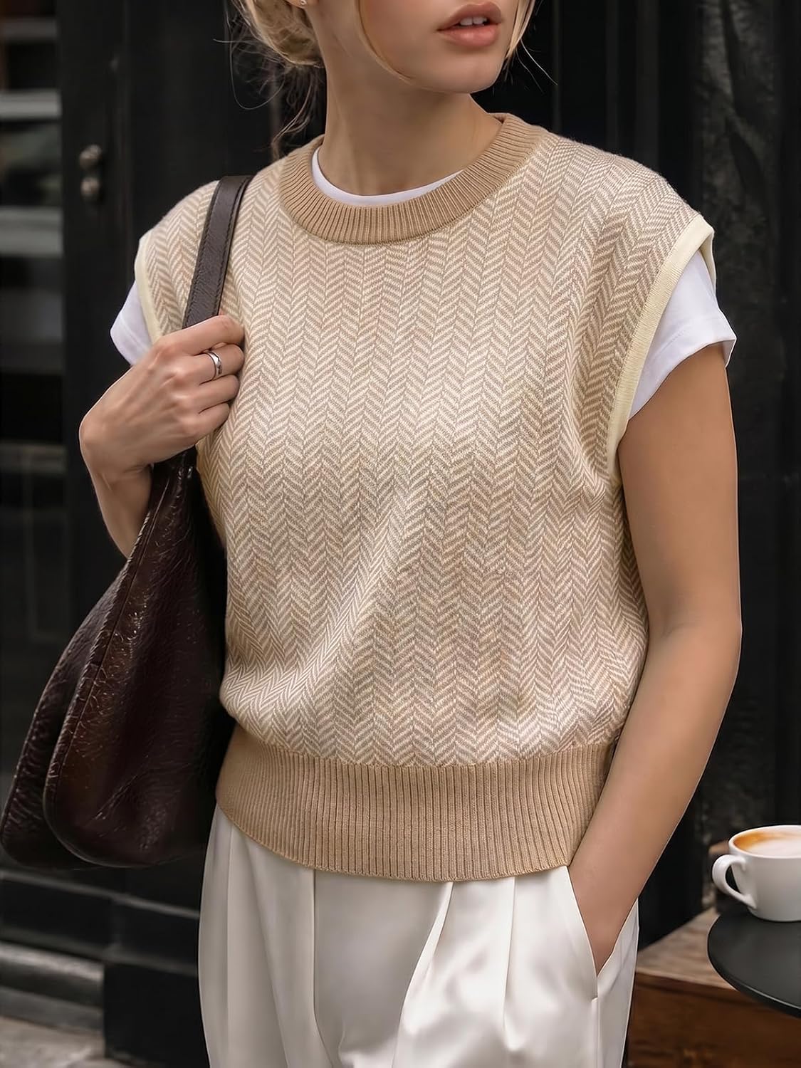 Flowyair Womens Summer Cap Sleeve Sweater Vest Color Block Knit Crop Tops Crew Neck Casual Lightweight Pullover Tops