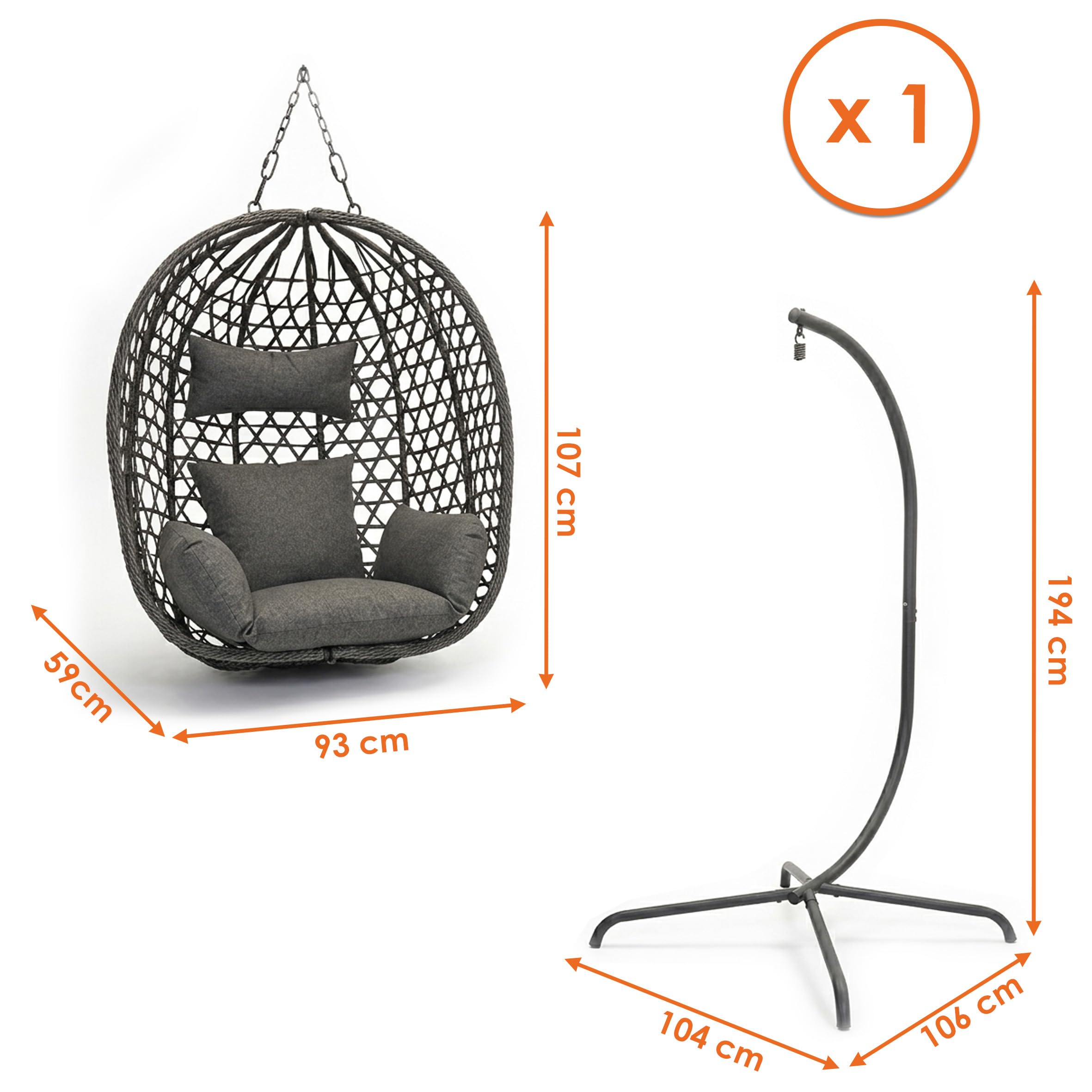 Poltrona sospesa per esterni, con telaio e supporto, 194 cm, antracite, in polyrattan, con cuscino per interni ed esterni, da giardino, in vimini, imbottita, resistente alle intemperie