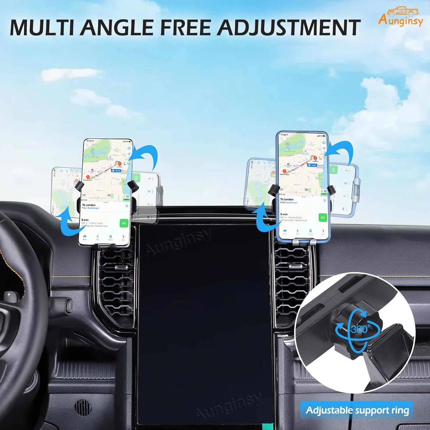 Aunginsy Phone Holder Compatible with Ford Ranger 2023 2024 Center Console Phone Mount Navigation Screen Cell Phone Automobile Cradles Hands-Free 360 Degree Rotation Base Accessories(2*Phone Holder)