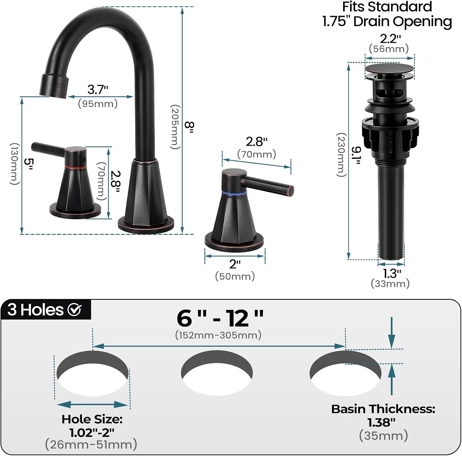Bathroom Faucet 3 Hole,Oil Rubbed Bronze Bathroom Sink Faucet with 360°Swivel Spout, 8 inch Widespread 2 Handle Faucet for Bathroom Sink Vanity RV with Pop-up Drain Supply Line Stainless Steel