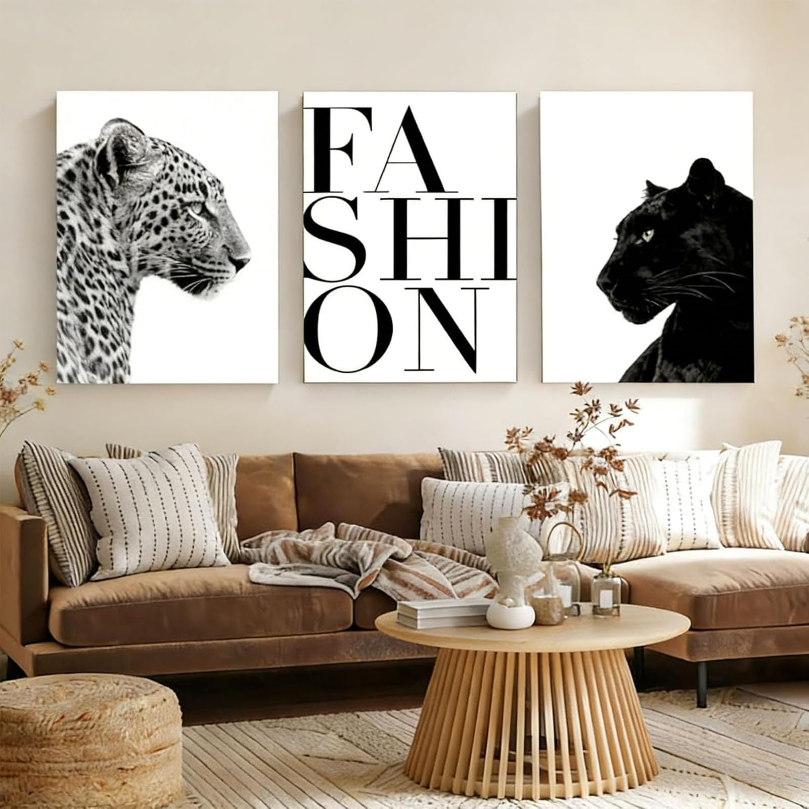 JORCEDI Black White Leopard Panther Canvas Wall Art Set of 3, Stockholm Aesthetic Funny Animals Posters Prints, Y2K Living Room Bedroom Decor, 21x30-50x70cm, Unframed (21x30 cm,A)