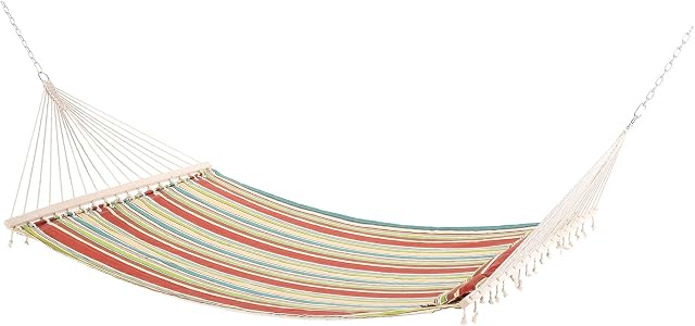 Outsunny Double Cotton Hammock Camping Swing Outdoor Garden Beach Stripe Hanging Bed with Pillow 188L x 140W (cm), Red