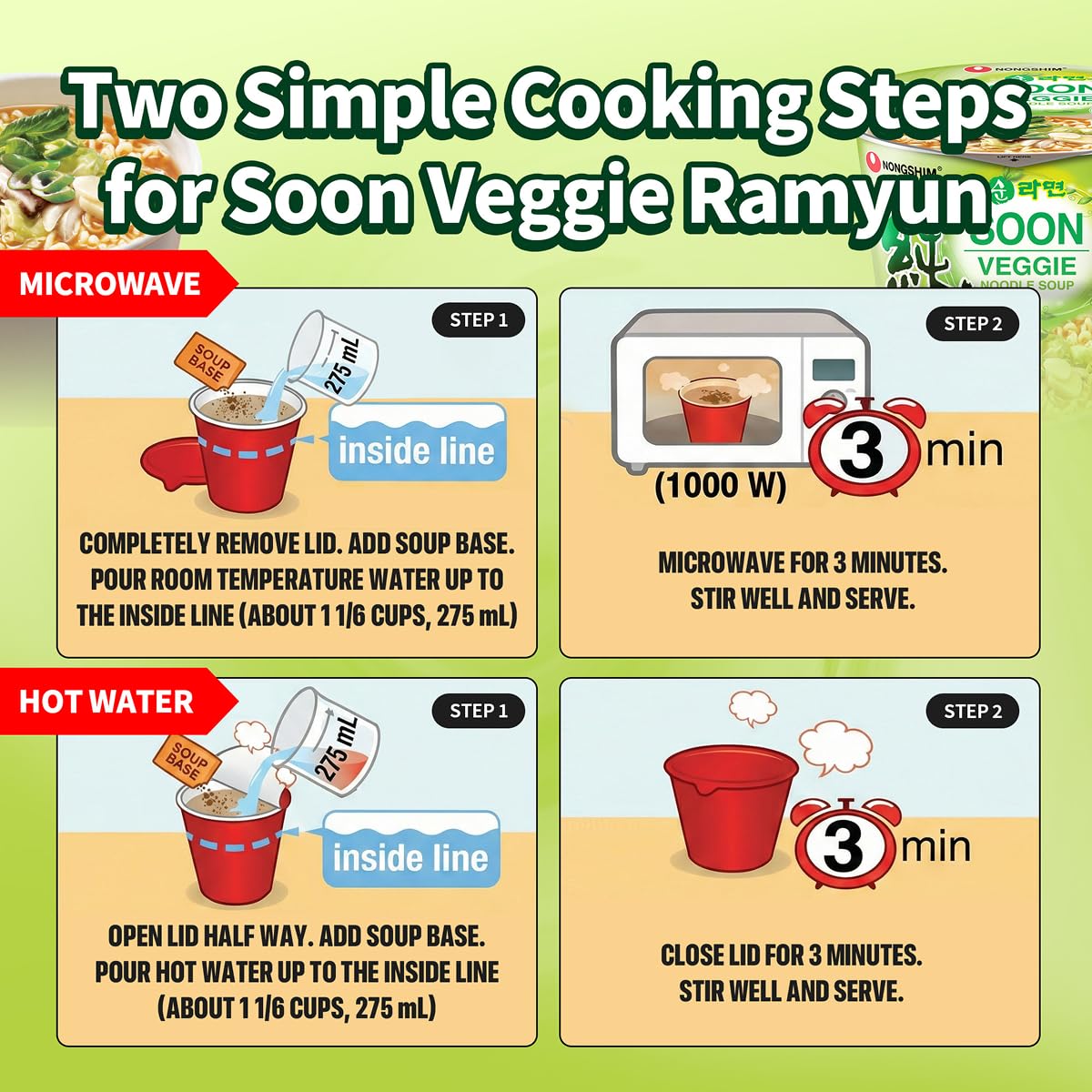 Nongshim Soon Cup Noodle Soup, Veggie, 2.6 Ounce (Pack of 6)