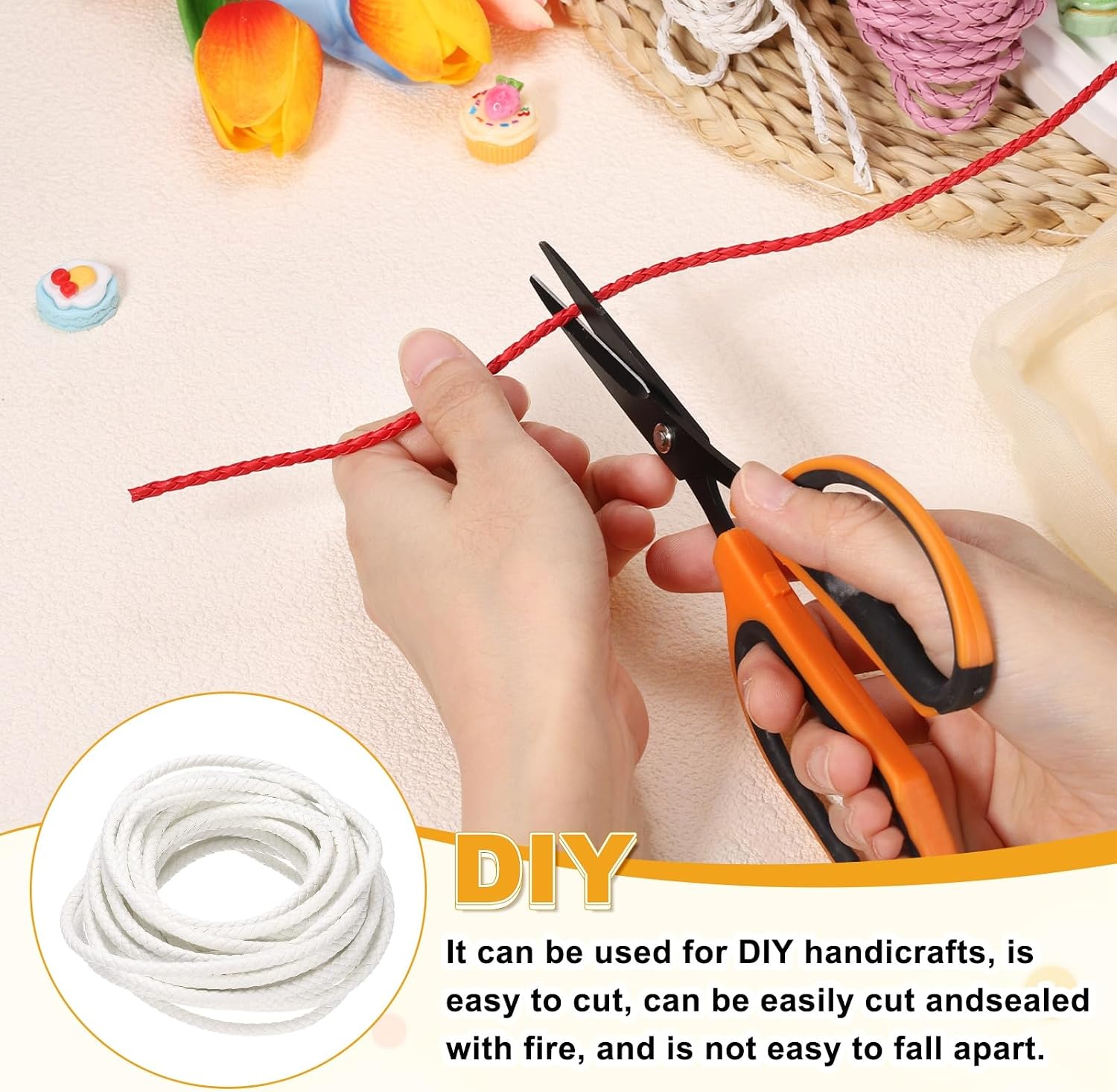 M METERXITY Round Braided Leather Cord, 10 Yards 7mm Six-Strand Faux Beading String Rope Bolo Tie 10 Meters Long for Jewelry Making/DIY Crafts, String Macrame Bracelet Thread [White]