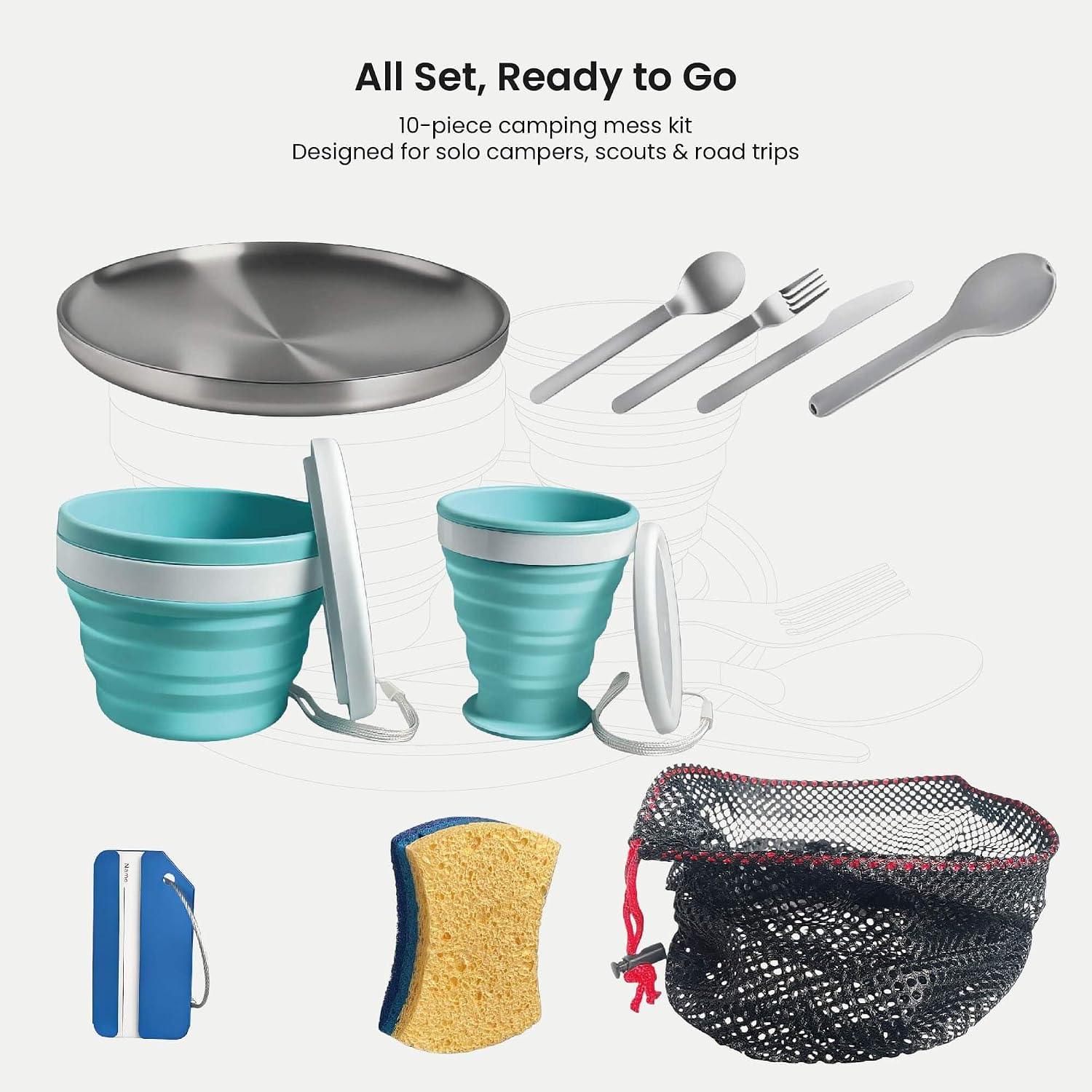 Camping Mess Kit – Compact 1-Person Tableware Set with Stainless Plate, Collapsible Silicone Bowl & Cup, and Utensils, Ideal for Solo Campers, Scouts, Family Camping & Car Trips