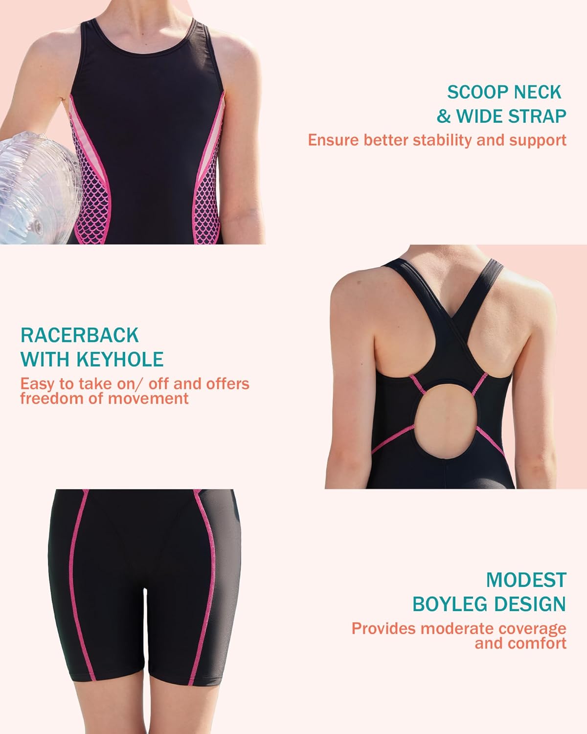 beautyin Girls Swimsuit Size 7-16 Boyleg One Piece Athletic Bathing Suit Training Swimwear