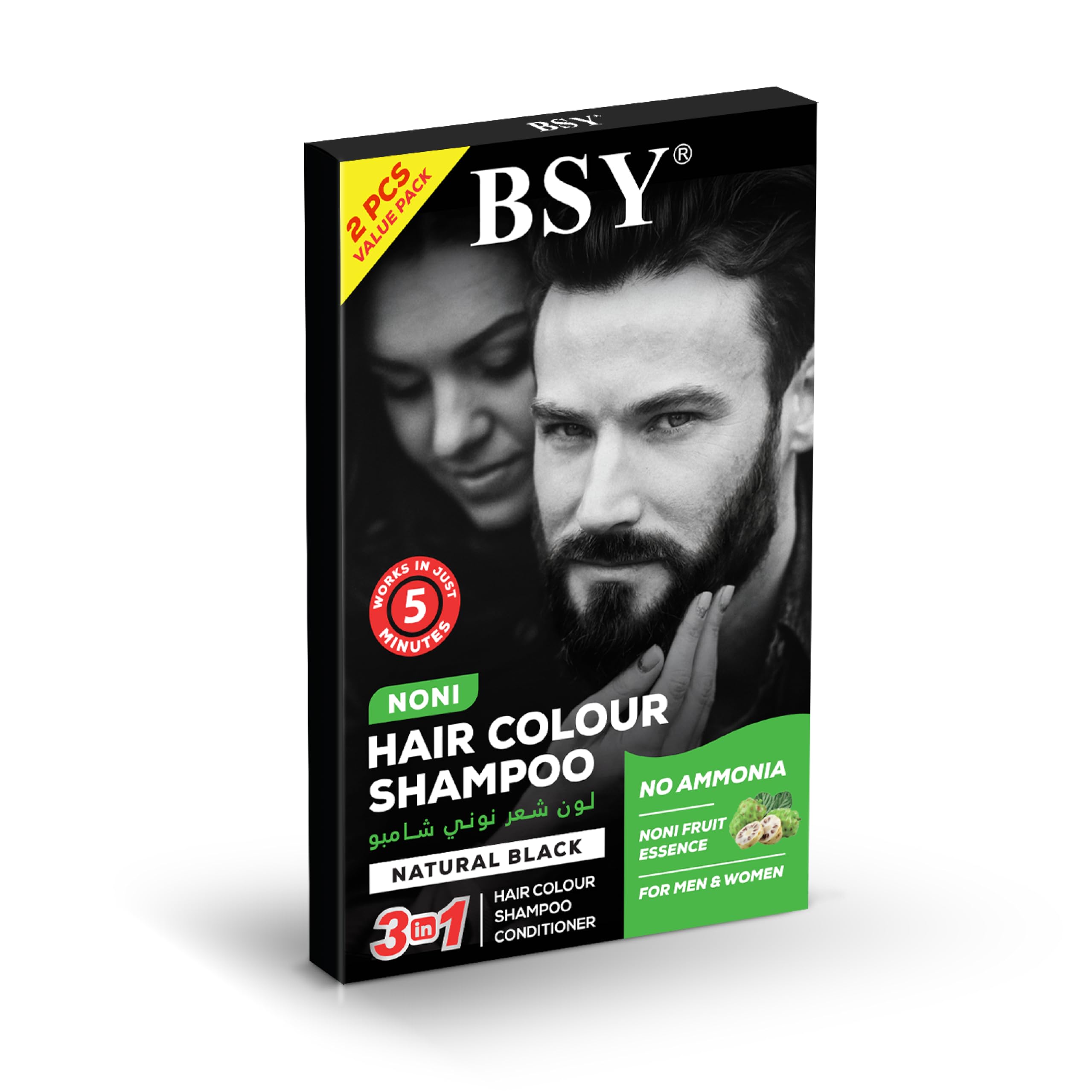 BSY Noni Hair Colour Shampoo Black Ammonia-Free 3-In-1 Hair Dye For Hair, Beard & Moustache With Noni Essence Fast 5-Minute Color No Hair Loss 2 X 20Ml Unisex