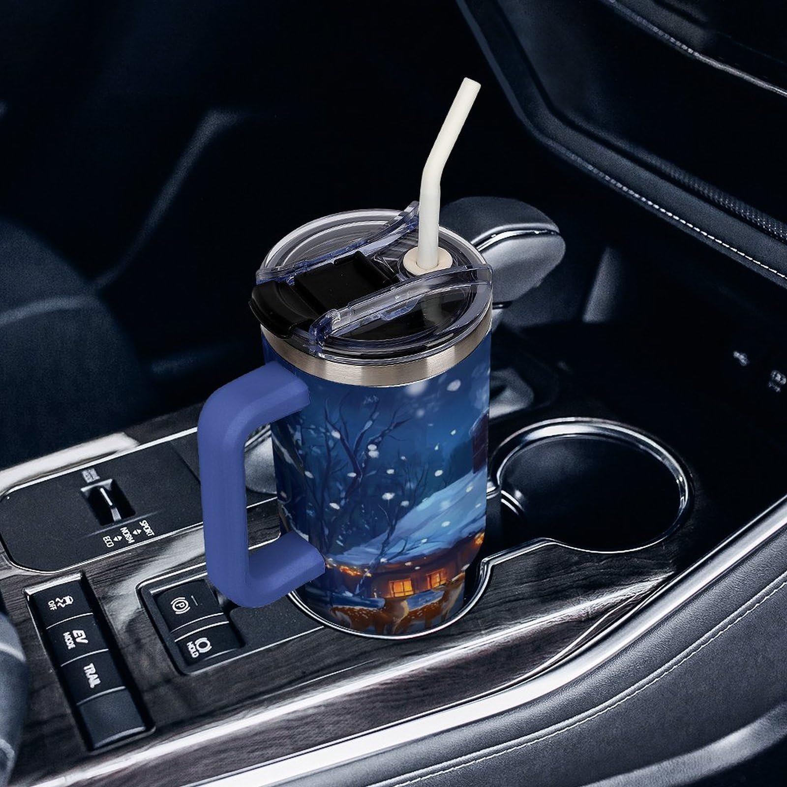 Becher mit Henkel, Motiv: Weihnachtshirsch, Schneeschnee, 1,2 l, Reise-Kaffeebecher, große Kapazität, Autobecher, Wasserflasche