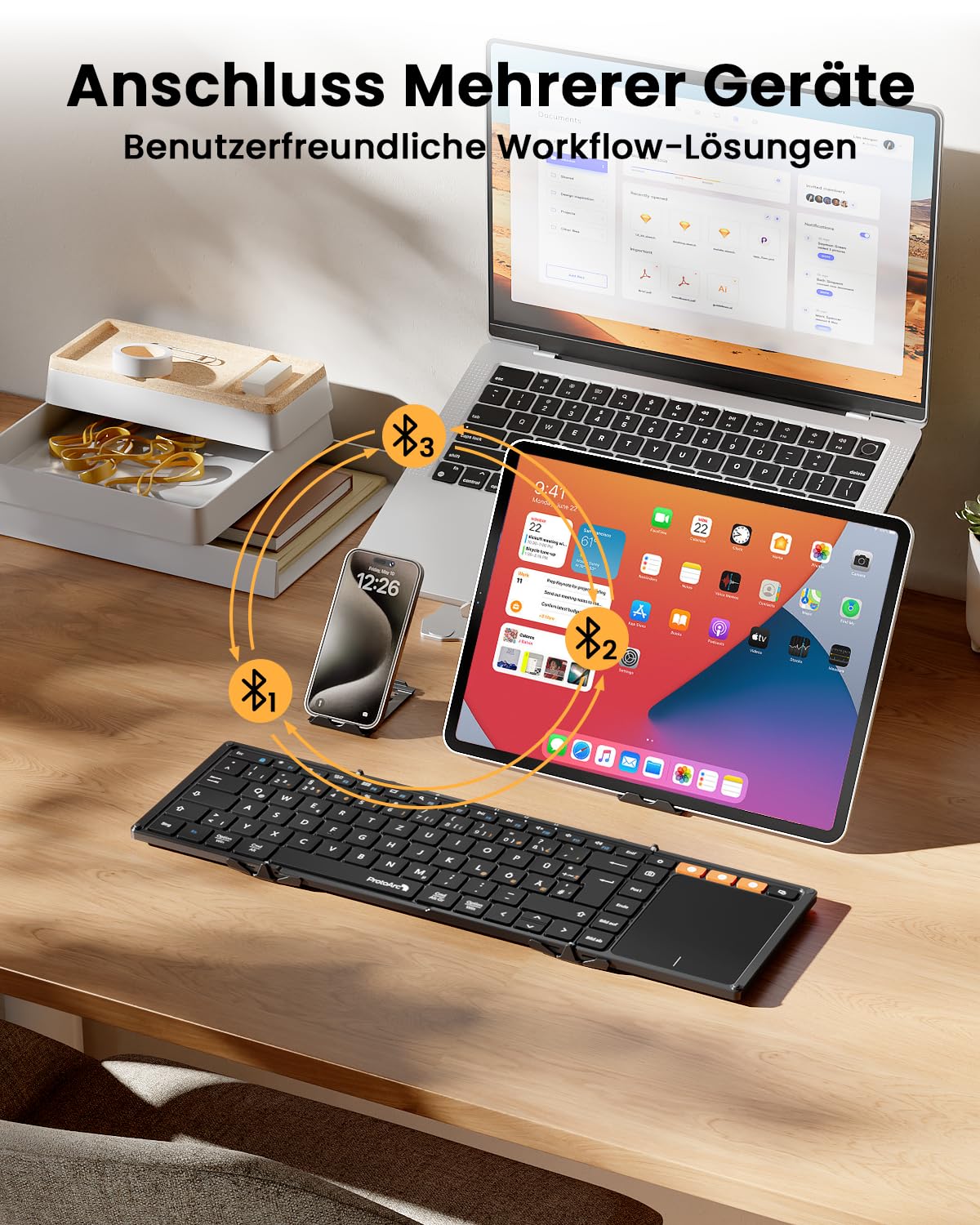 ProtoArc XK01 TP Bluetooth Tastatur Faltbare mit Touchpad, Tastatur Kabellos Klappbare QWERTZ Deutsch mit Groß Trackpad für iPad, iOS, Android, Windows Laptop PC Tablet - Schwarz