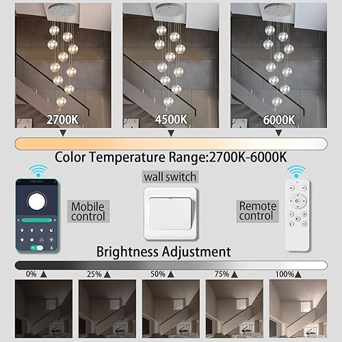Miniatura 124 de Escalera LED de 10 luces LED moderna con globo de cristal, lámpara colgante grande para techos altos, accesorios de iluminación de entrada, villas y