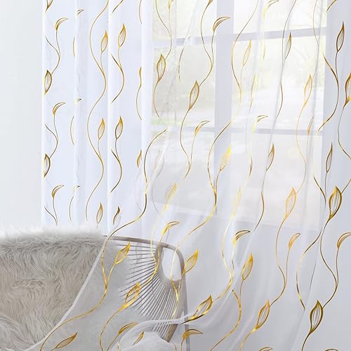 youleyar Cortinas transparentes de gasa con estampado de lámina dorada, cortinas de mimbre con ojales en la parte superior, paneles de tratamiento