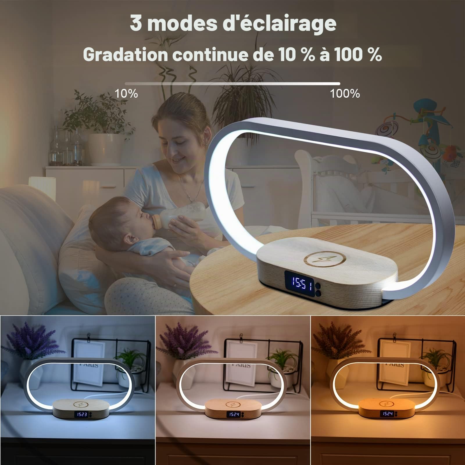 Lampe de Chevet Chargeur sans Fil 15W, Lampe Chevet Bois avec Horloge et Port USB, Lampe de Table Tactile Dimmable avec 3 Modes de Couleur pour Lecture Chambre Bureau, Bois&Blanc