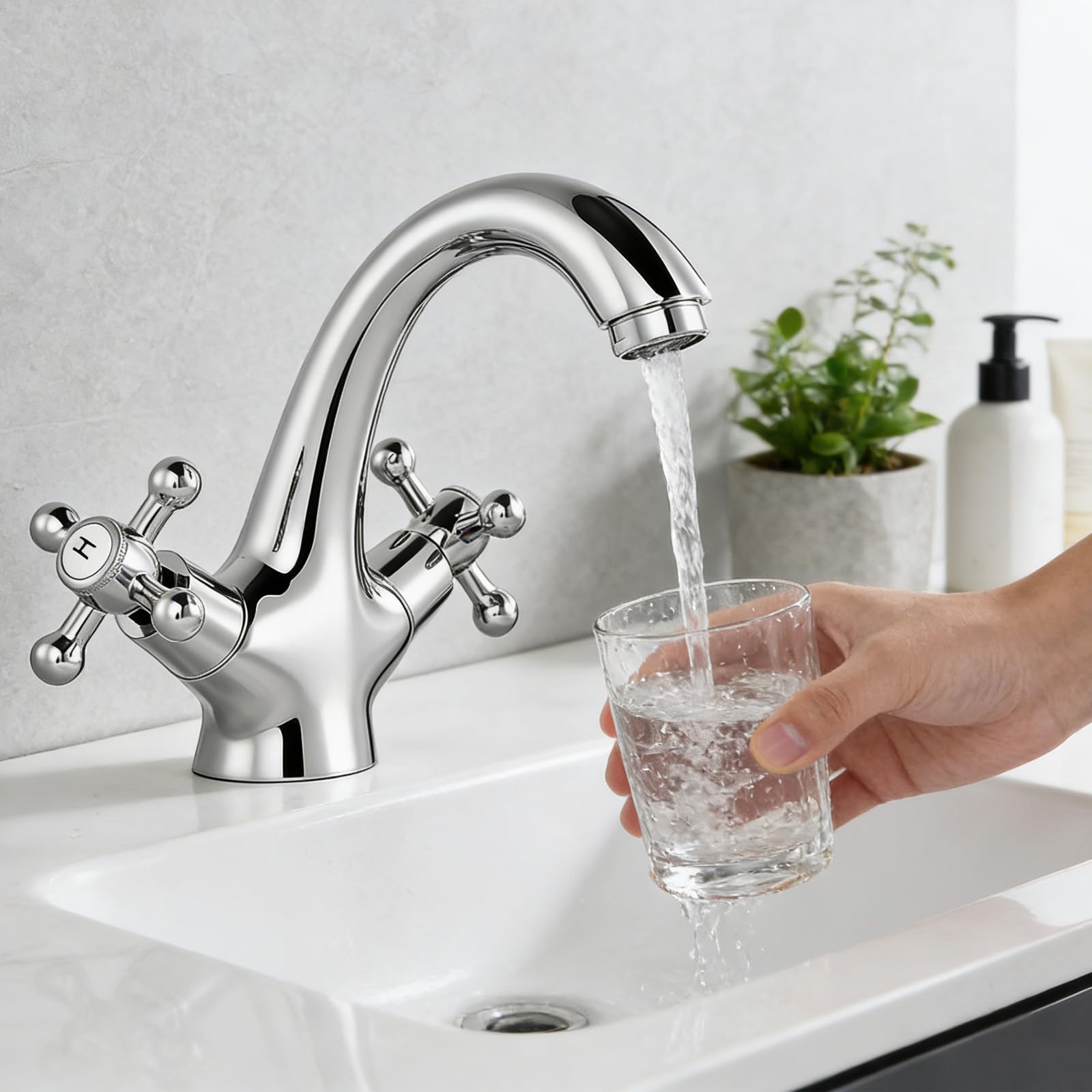 Grifo de baño, grifo mezclador de lavabo, grifo retro con dos asas, grifo de lavabo retro de 2 manijas, lavabo con caño altura 100 mm, 2 mangueras de 60 cm