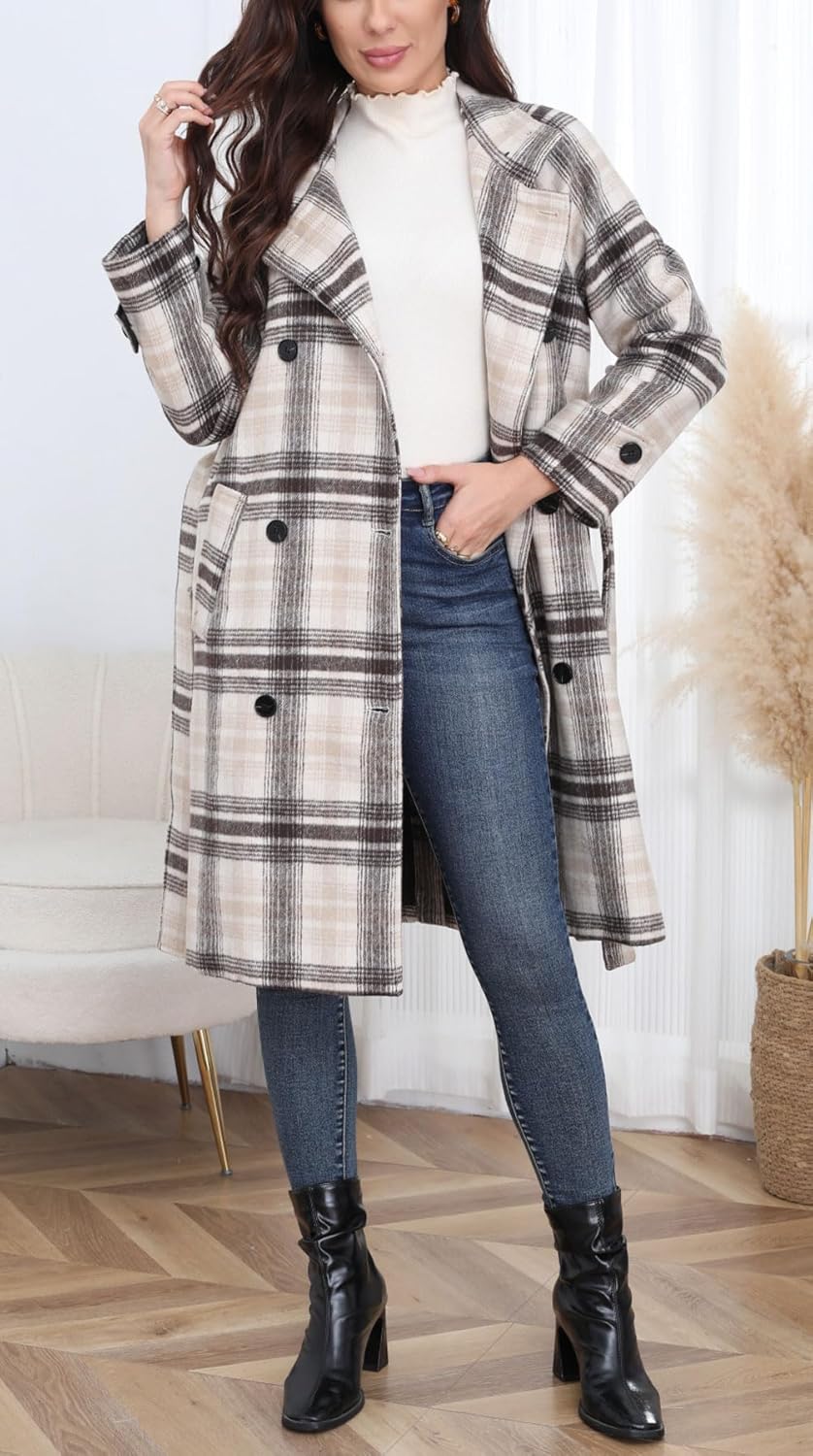 CHARTOU Women Long Wool Plaid Pea Coat Double Breast Midi Long Trench Peacoat Overcoat with Belt - Image 6