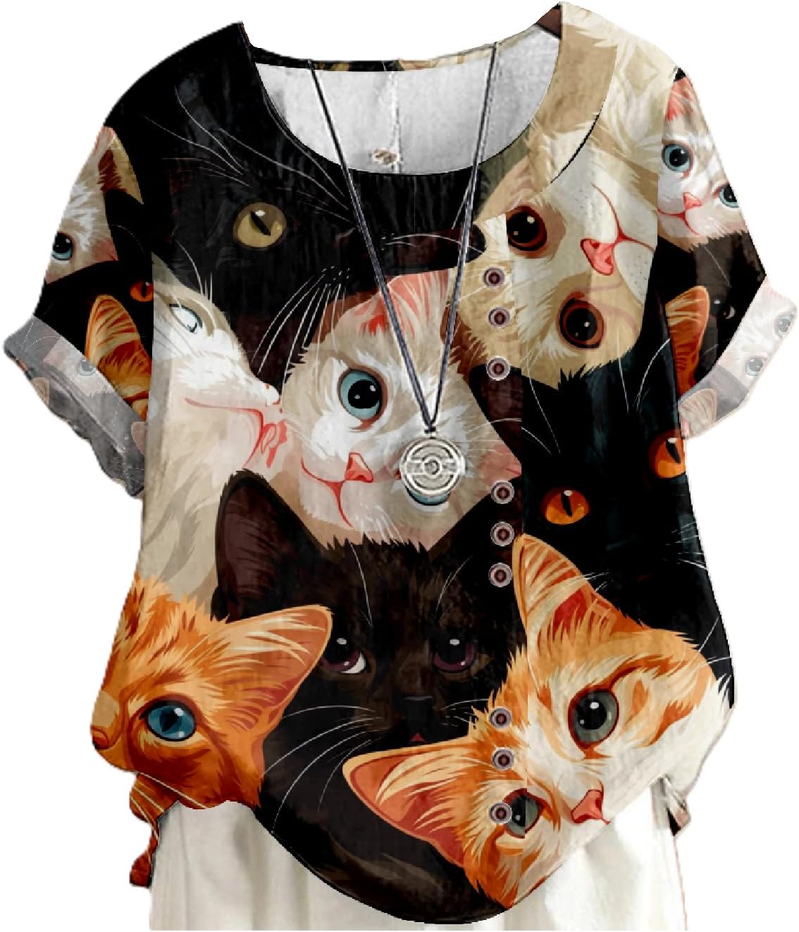 Summer Tops for Womens Cute Cat Print Short Sleeve Blouses Crewneck Lightweight Casual Lounge Japanese Art Tops