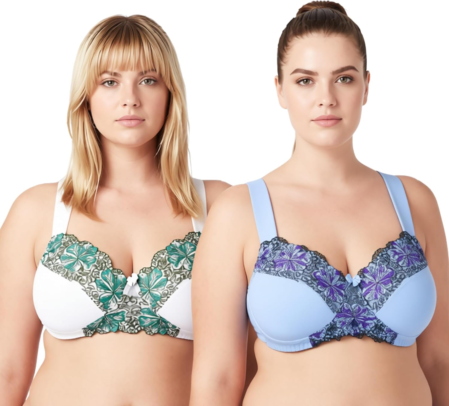Curve Muse Women's Plus Size Minimizer Wireless Unlined Bra with Embroidery Lace