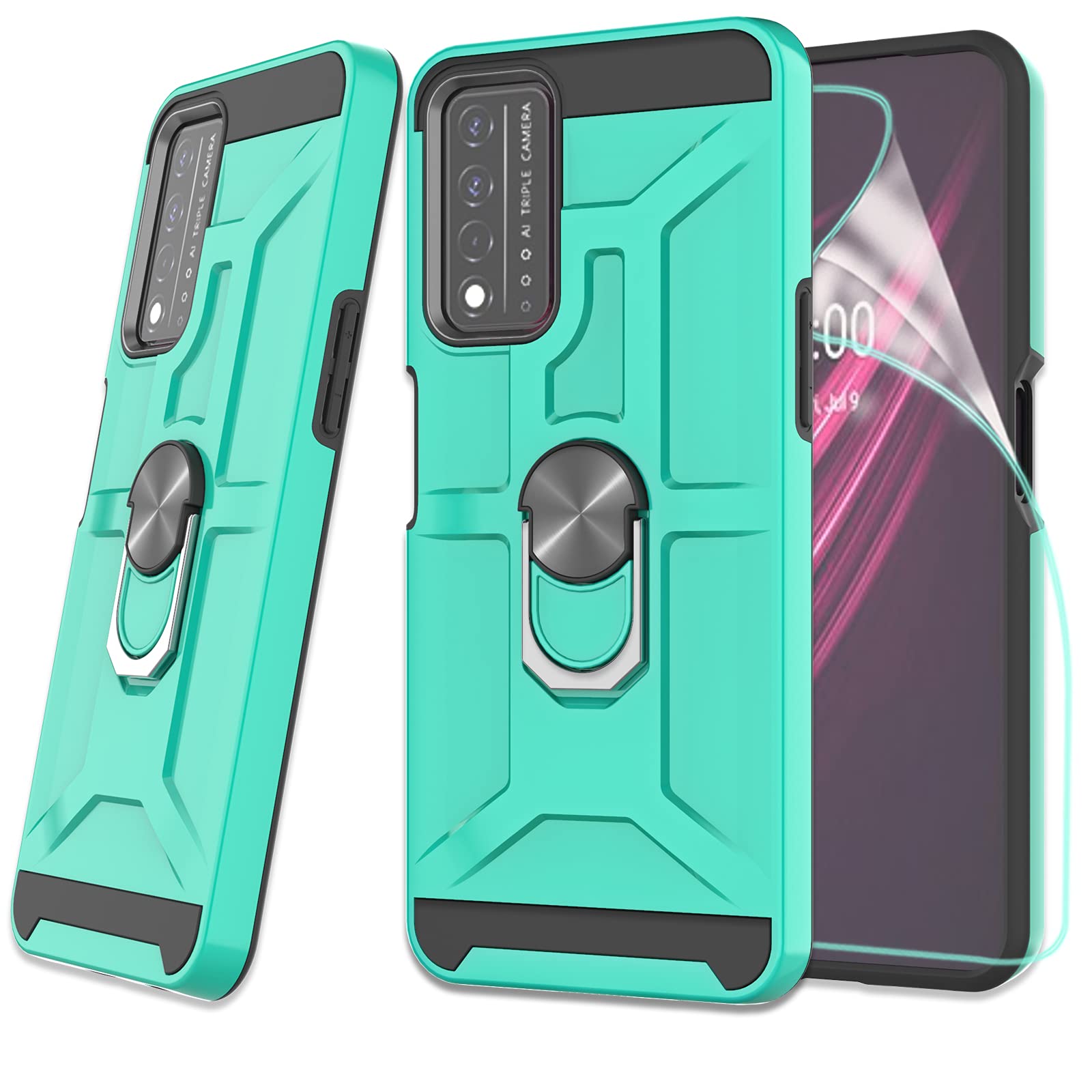 ZingCon Compatible for TCL T-Mobile Revvl V+ 5G Case,[HD Screen Protector] Shockproof Protective Phone Case with Ring Kickstand Fitting Magnetic Car Mount for Revvl V Plus 5G-Mint Green
