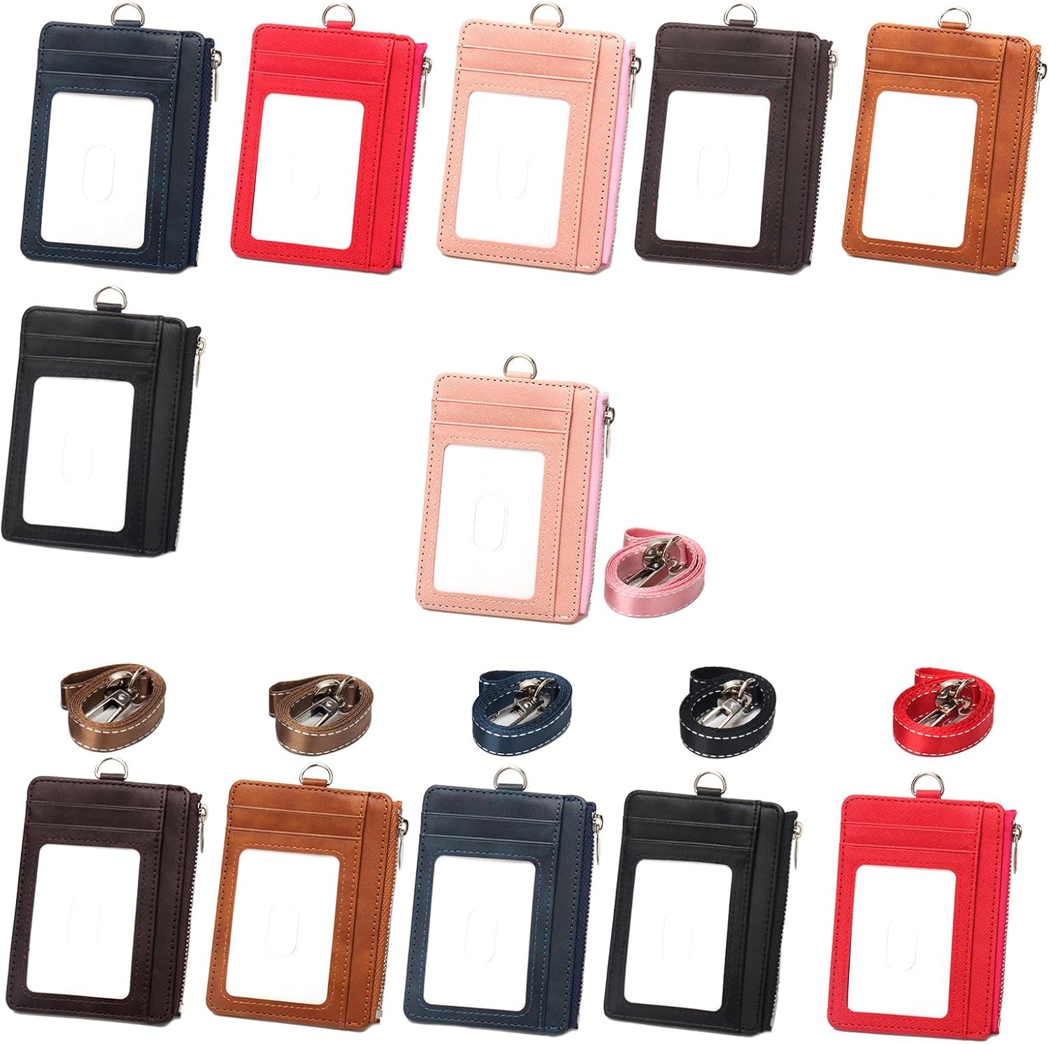 Card Holder，Blocking Zippered Badge Holder PU Leather Card Wallet with Slots and Detachable Neck Lanyard for Office or School