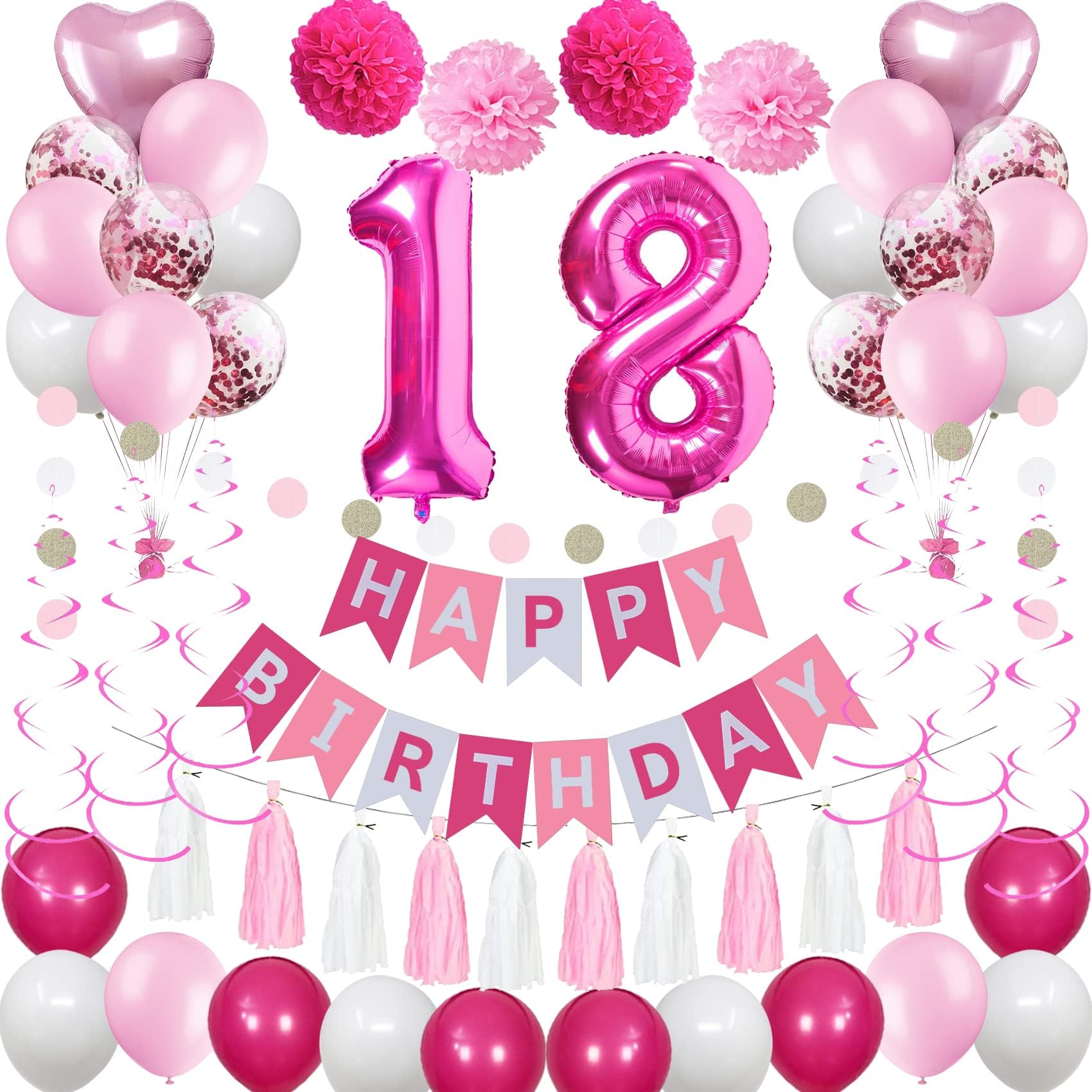 Sweet 18th Birthday Decorations for Girls, Pink and White 18 Happy Birthday Balloons, Banner, Foil Balloons, Hanging Swirls, Circle Dots Garland, Tissue Paper Tassel, Pompoms