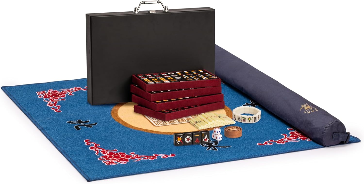 Yellow Mountain Imports Mahjong Bundle - Classic Chinese Mahjong Game Set Jet Set with Mahjong Mini-Tiles Stretchy Bracelet and Blue 31.1-inch Table Cover