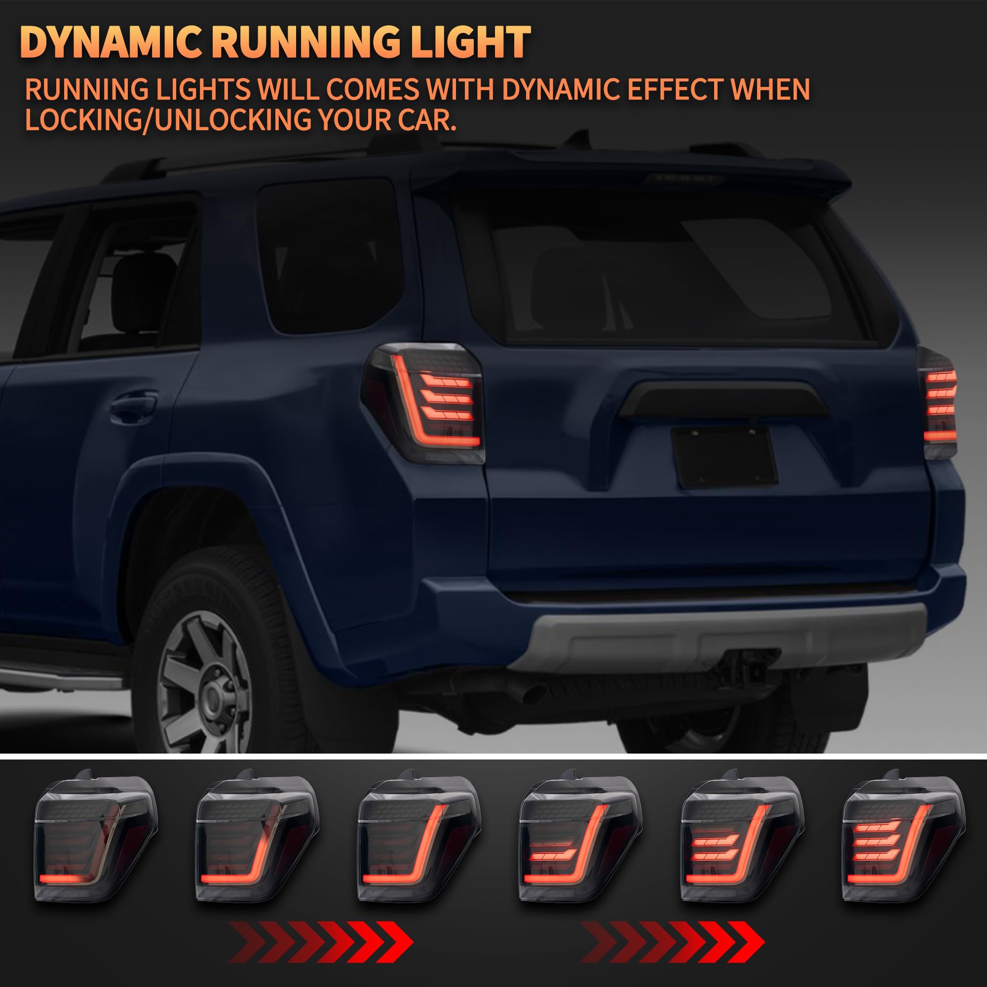 VLAND tylne światła LED do 4Runner 2014-2023 z dynamiczną animacją, 1 para - dym
