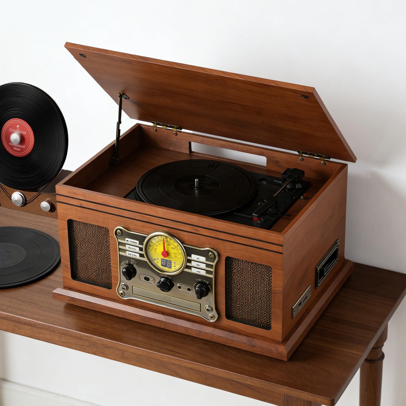 Gramofon – 3-biegowy odtwarzacz winylowy z wbudowanymi głośnikami, bezprzewodowe odtwarzanie, obsługa płyt CD i kaset, odtwarzacz USB, radio AM/FM