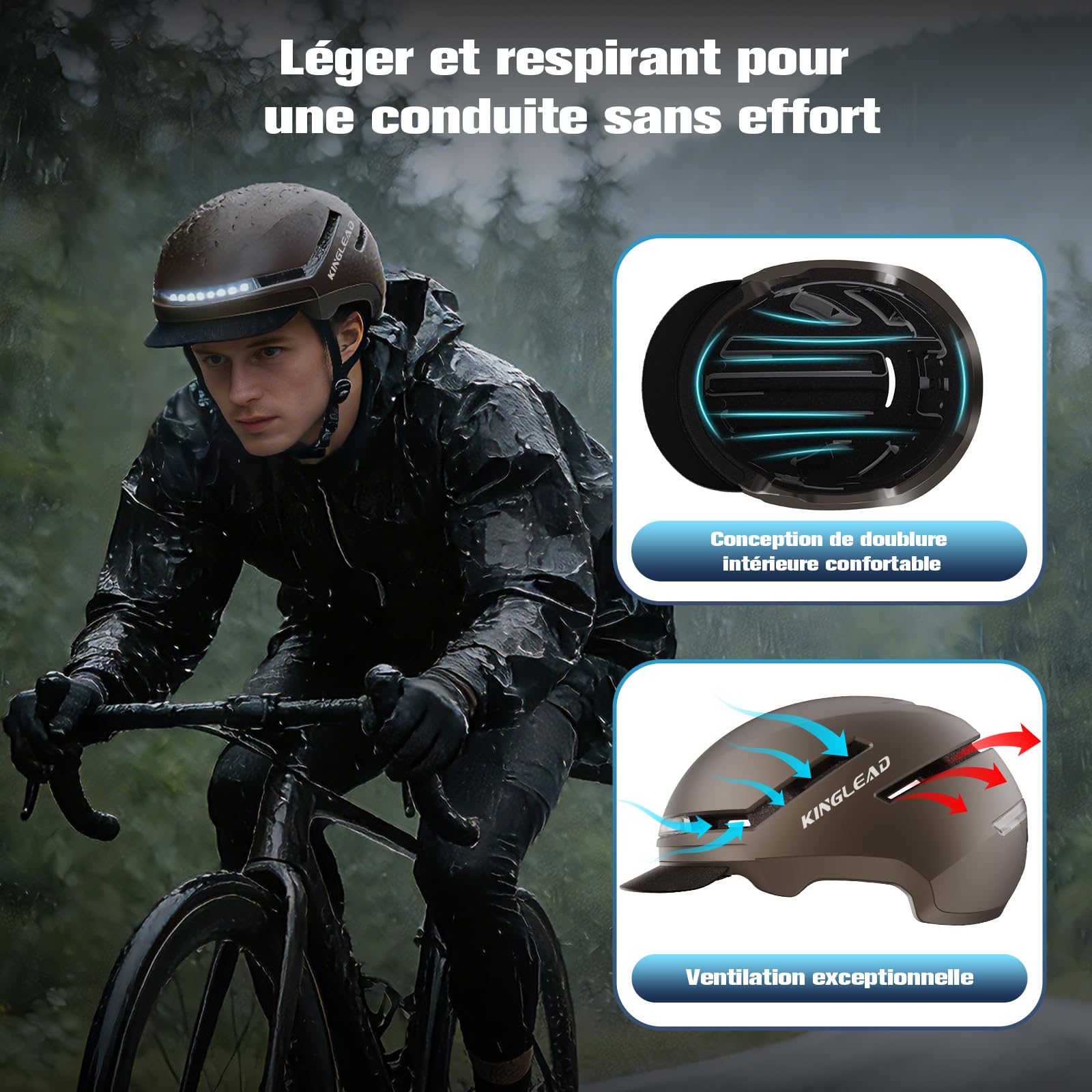 KINGLEAD Casque Velo avec Lumière, Certifié CE et NTA 8776, Télécommande sans Fil, Éclairage Avant/Arrière et Clignotants, Rechargeable USB, Ajustable - Casque Vélo pour Adulte