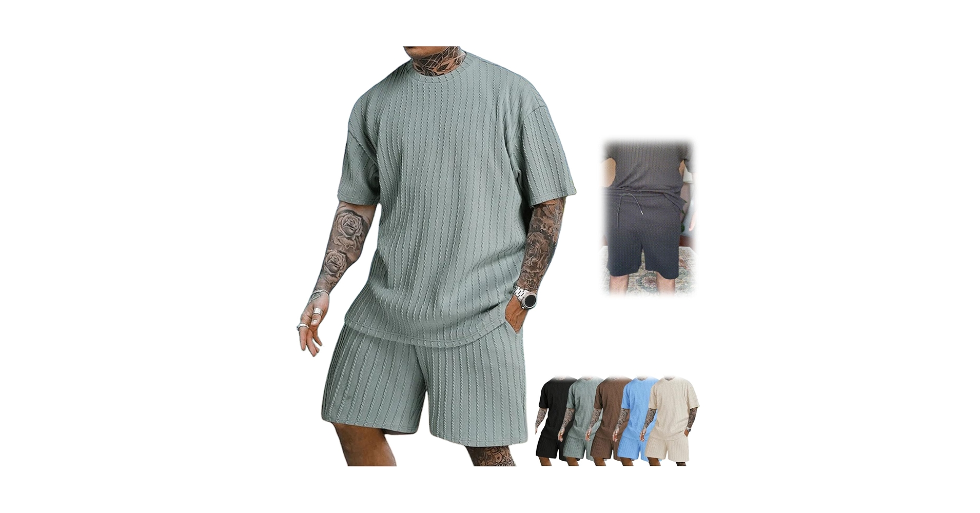 Men's Casual Textured Printed Short Sleeve Tee & Drawstring
