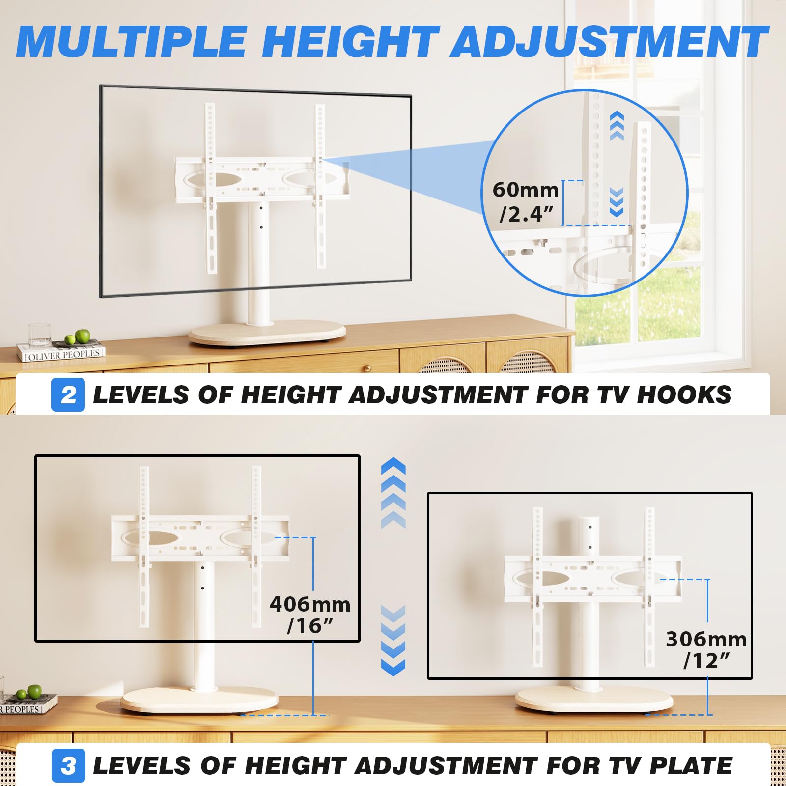 TVON Support TV sur Pied pour Téléviseurs de 26 à 55 Pouces 40kg Max | Pied de Télé Universel sur table, socle bois épais, hauteur pivotable ajustable, montage facile, Max VESA 400x400 mm