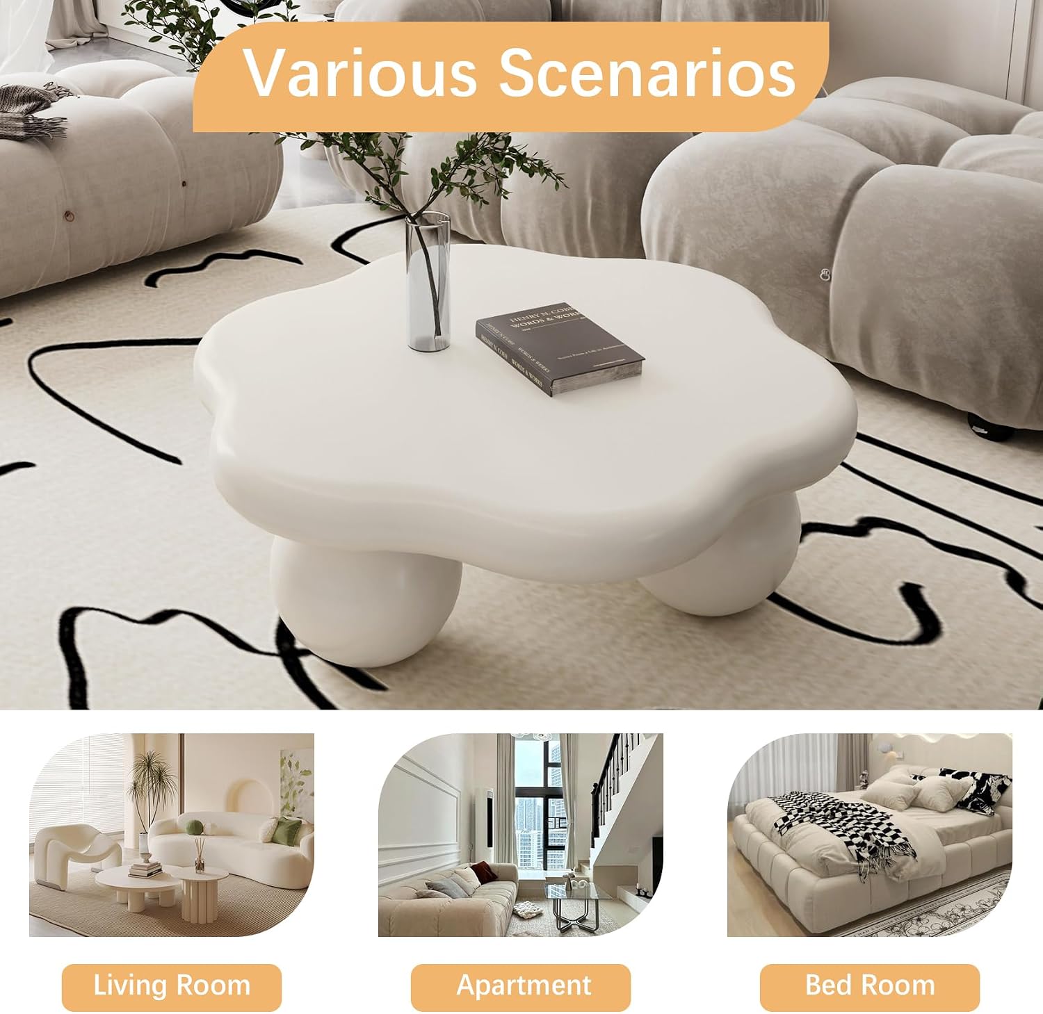 35" Cloud Coffee Table, Petal-Shaped Modern Minimalist Coffee Table with Spherical Legs, Unique Center Table for Living Room, Balcony, for New Home, Easy Assembly, White