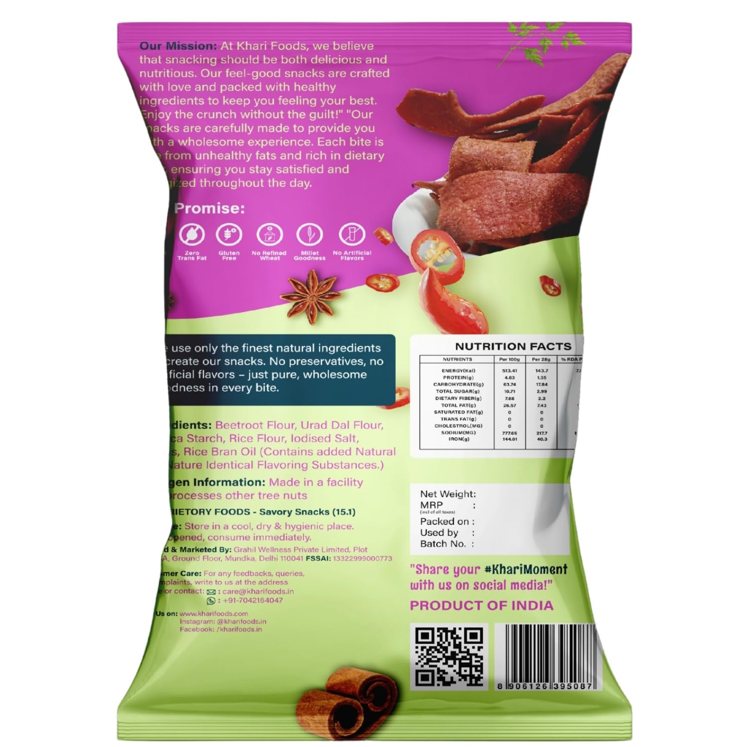 Khari Foods Beetroot Crispies, Peri Peri Flavoured Chips, No Palm Oil, No Maida, Millet Goodness, Fibre Rich, Zero Cholestrol, Gluten Free Vegan, Healthy Snacks (50g x 4 Combo) - Image 6 thumbnail