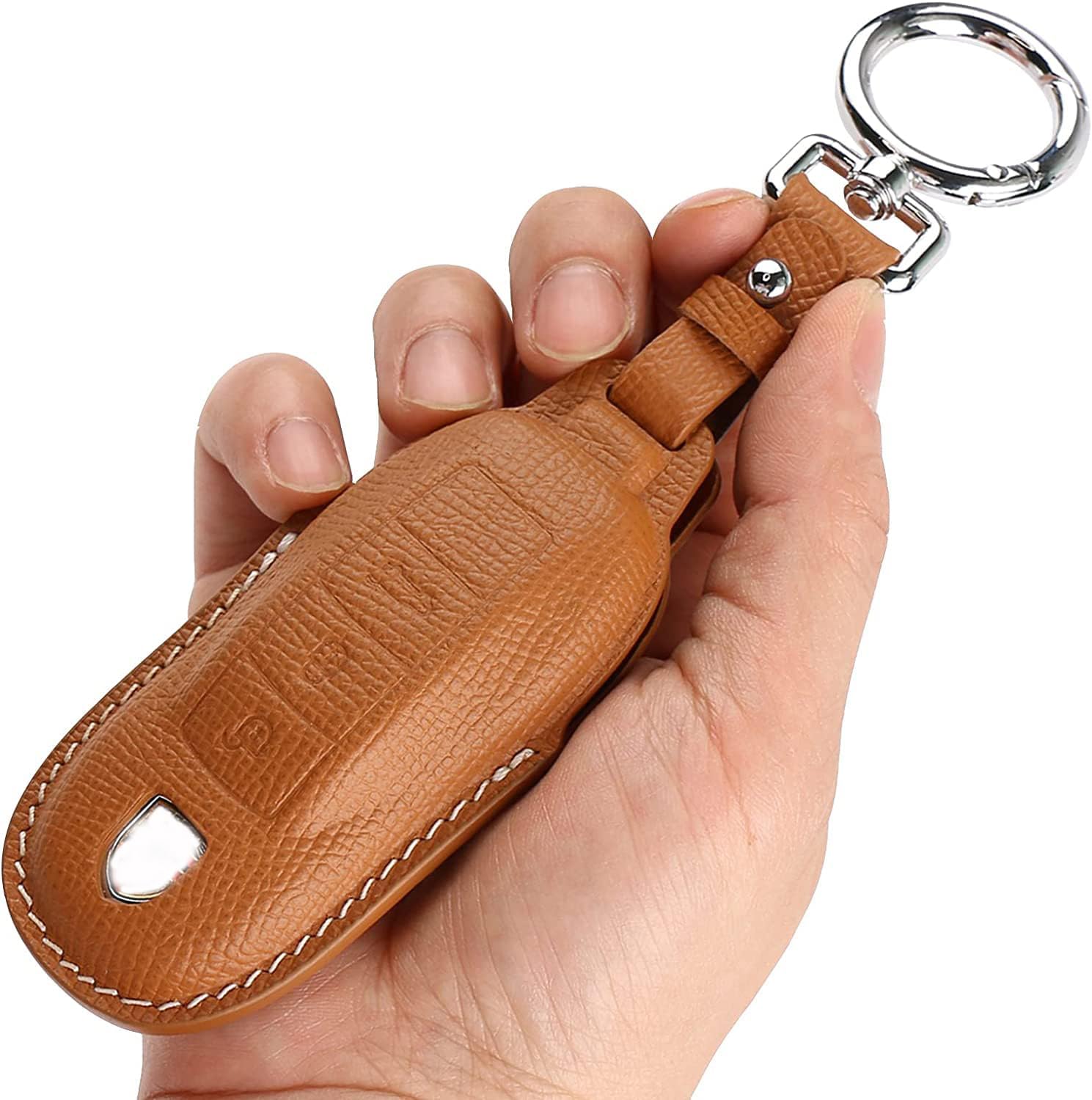 Leather Key Fob Cover,with Keychain Key Shell Case Compatible with Porsche Panamera, Macan, Cayenne, 911, 718(3-Button,Brown