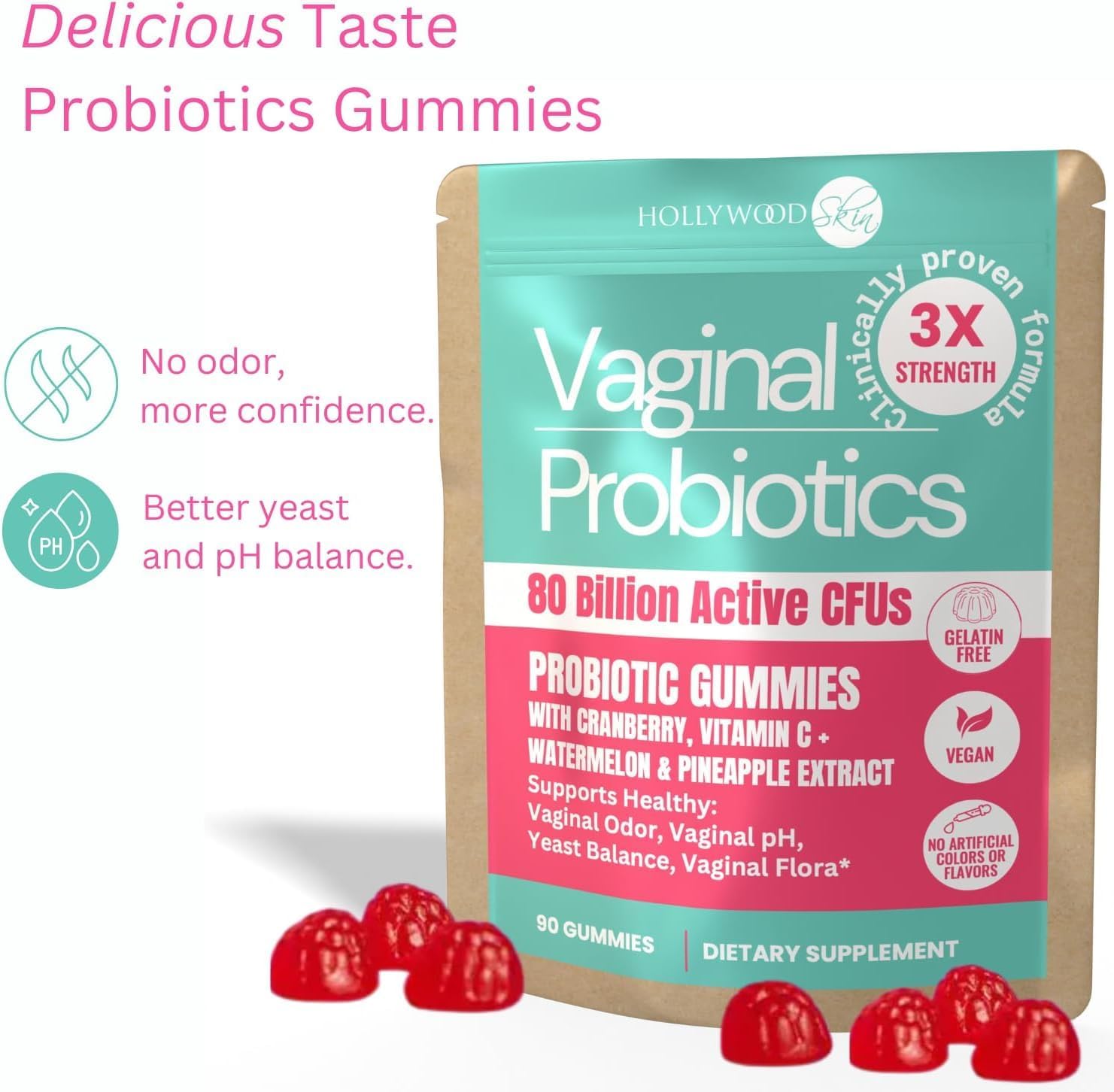 Vaginal Probiotic for Women | 80 Billion CFUs | 3X Stronger Formula with Lactobacillus rhamnosus GR-1, L. reuteri RC-14, Prebiotics, Vitamin C & D3 | Fast-Acting Odor & pH Support | 90 gummies