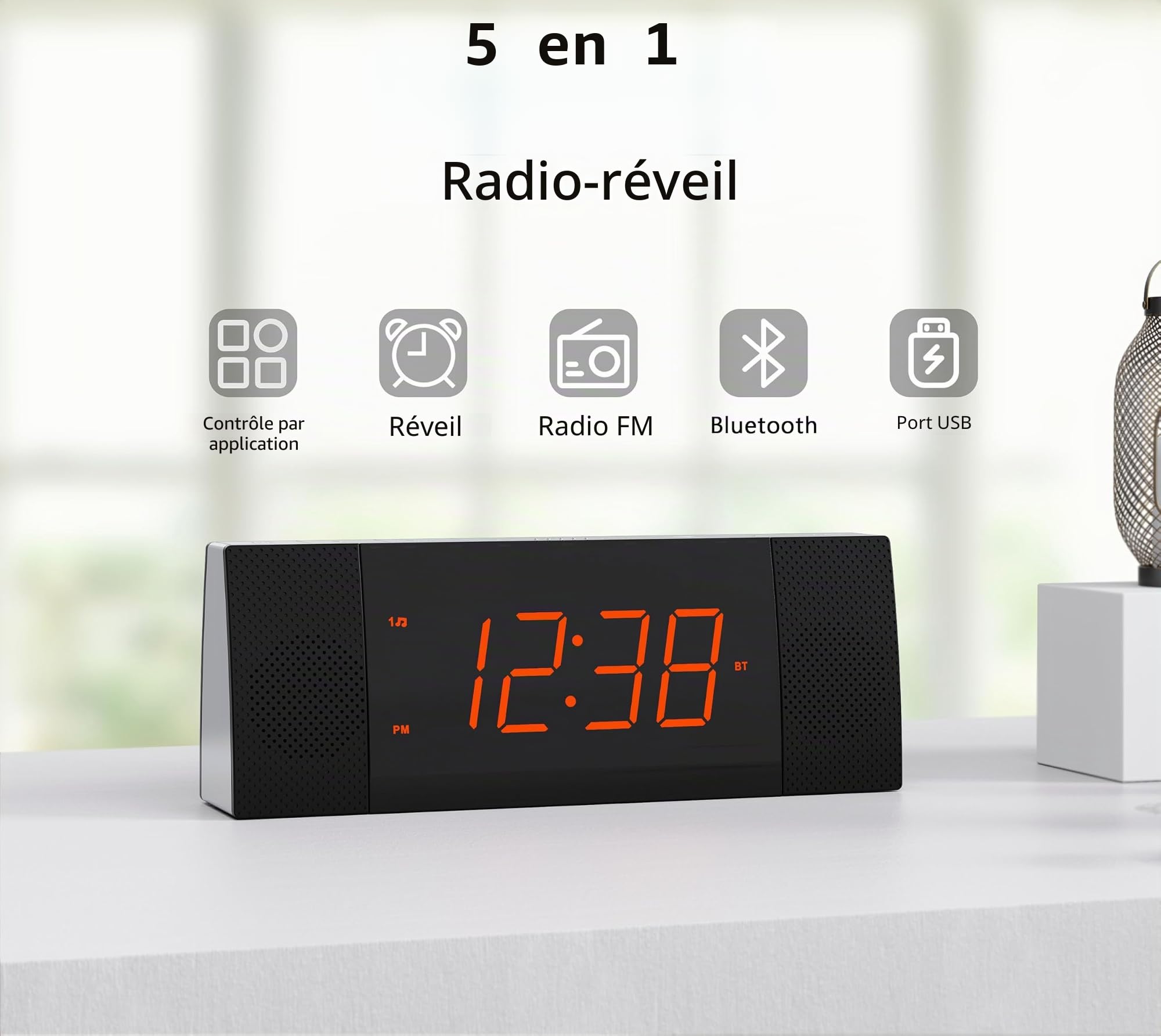 iTOMA Radio-réveil avec contrôle Via APP, Bluetooth, Radio FM, Double réveil avec Fonction de répétition (Snooze), Fonction de Charge USB, régulateur de luminosité Automatique et Manuel (CKS503)