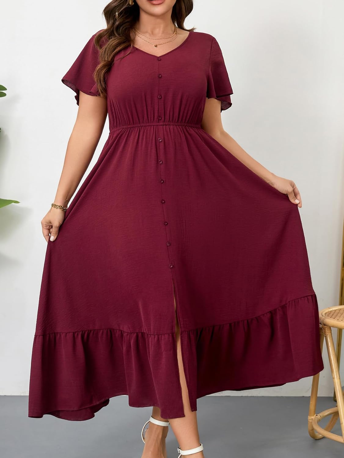 RWJ Women Plus Size Maxi Dress V Neck Short Sleeve Button Trim Split Flowy Tiered Casual Long Dresses 2025 L-3XL - Image 4