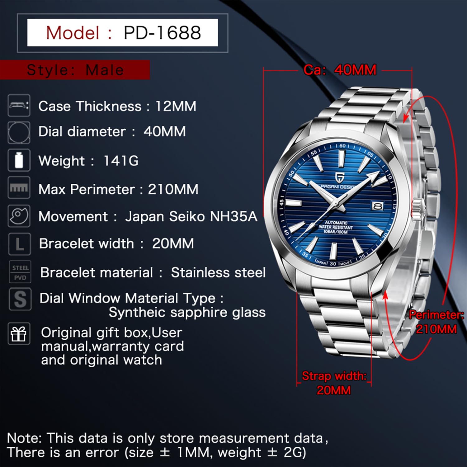 Pagani Design Herren Automatikuhr Japanisches Uhrwerk Saphirglas Edelstahl Armband wasserdicht 100