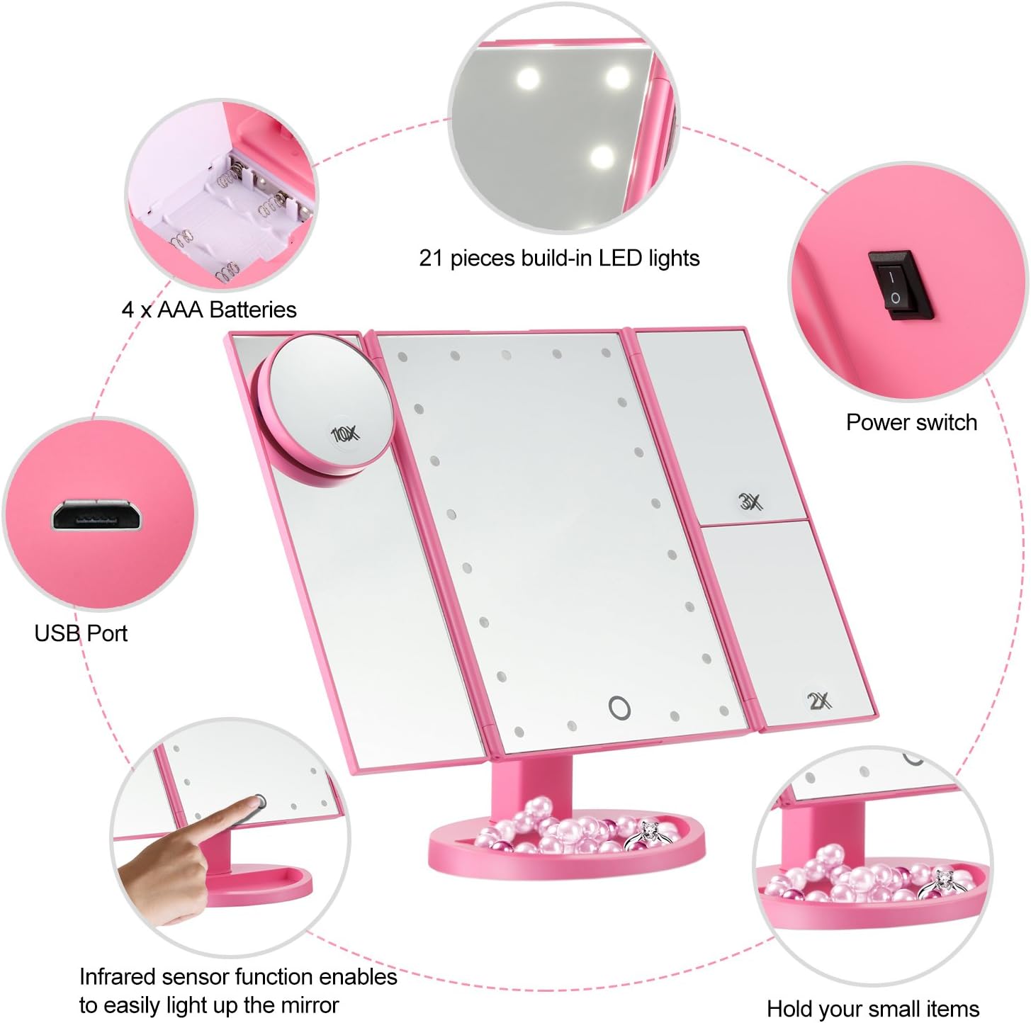 Magicfly Led Lighted Makeup Mirror, 10X 3X 2X 1X Magnifying Mirror 21 LED Tri-Fold Vanity Mirror with Touch Screen and 180° Adjustable Stand, Brightness Travel Beauty Mirror (Pink)