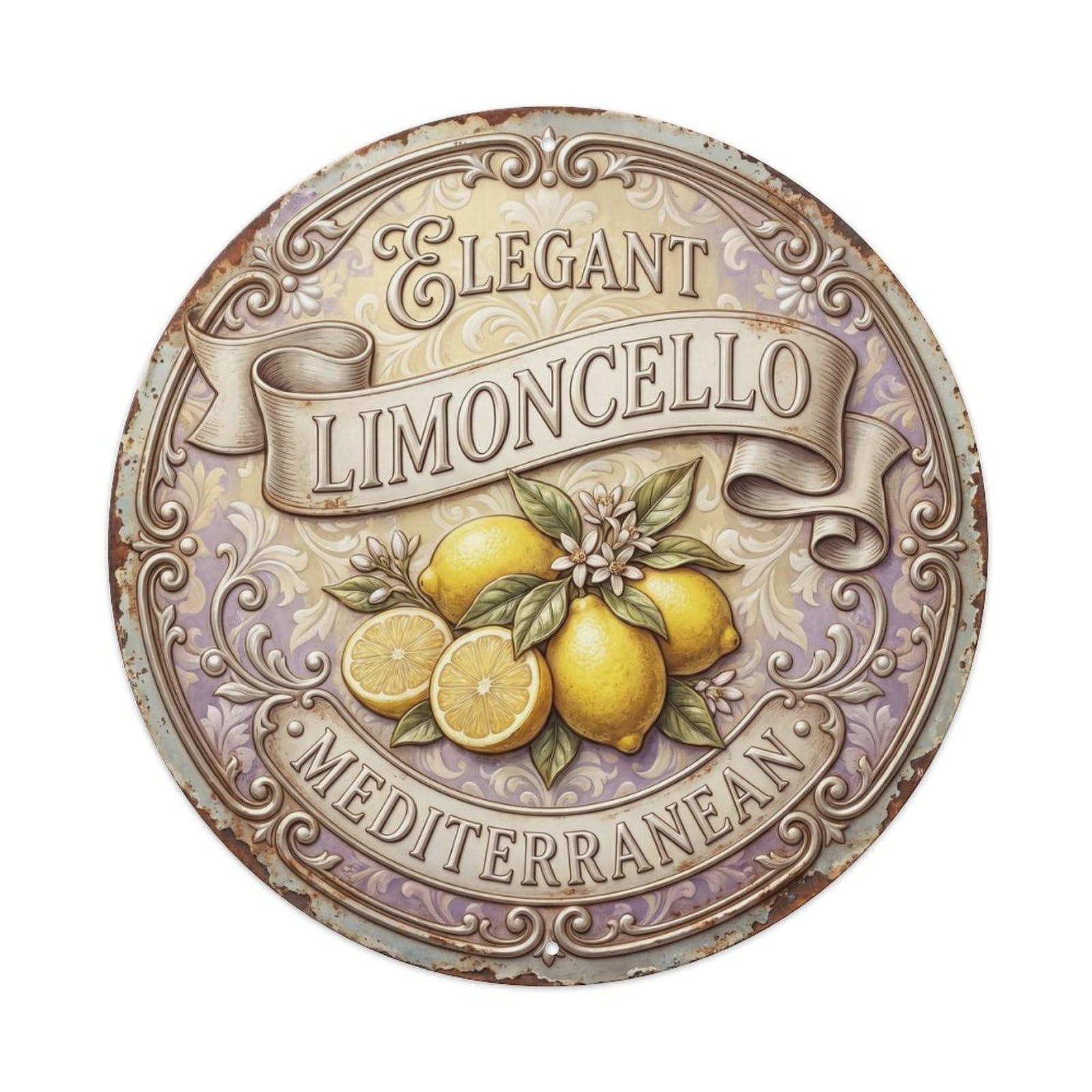 Elegant Mediterranean Limoncello Sign Metal Tin Sign Plaque Wall Decor for Cafe, Club Bar, Office, Home Garden Round Metal Poster 8x8Inch