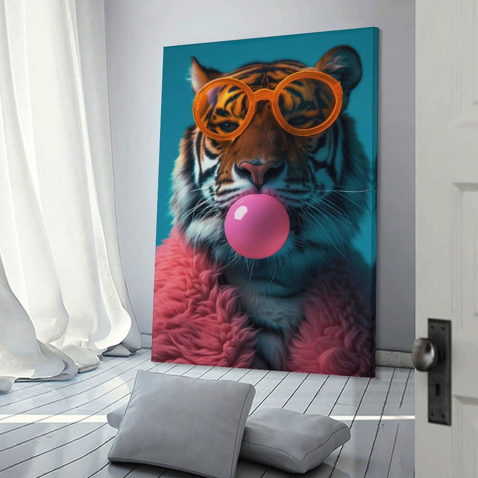 Junmoney Tiger Blowing Bubble Gum Wall Picture Print 16x24inch(40x60cm), for Lounge Decor, Offices Or Entryway Styling, Versatile Wall Decor for Many Rooms